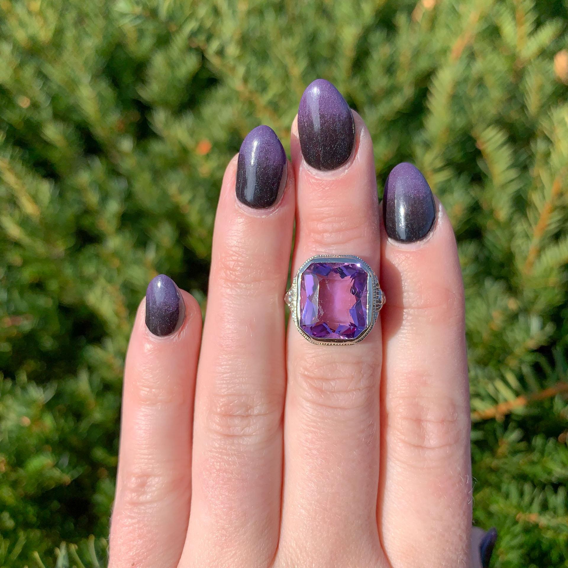 14K Filigree Art Deco Large 7.90 carat Amethyst Ring size 5.25 For Sale 2