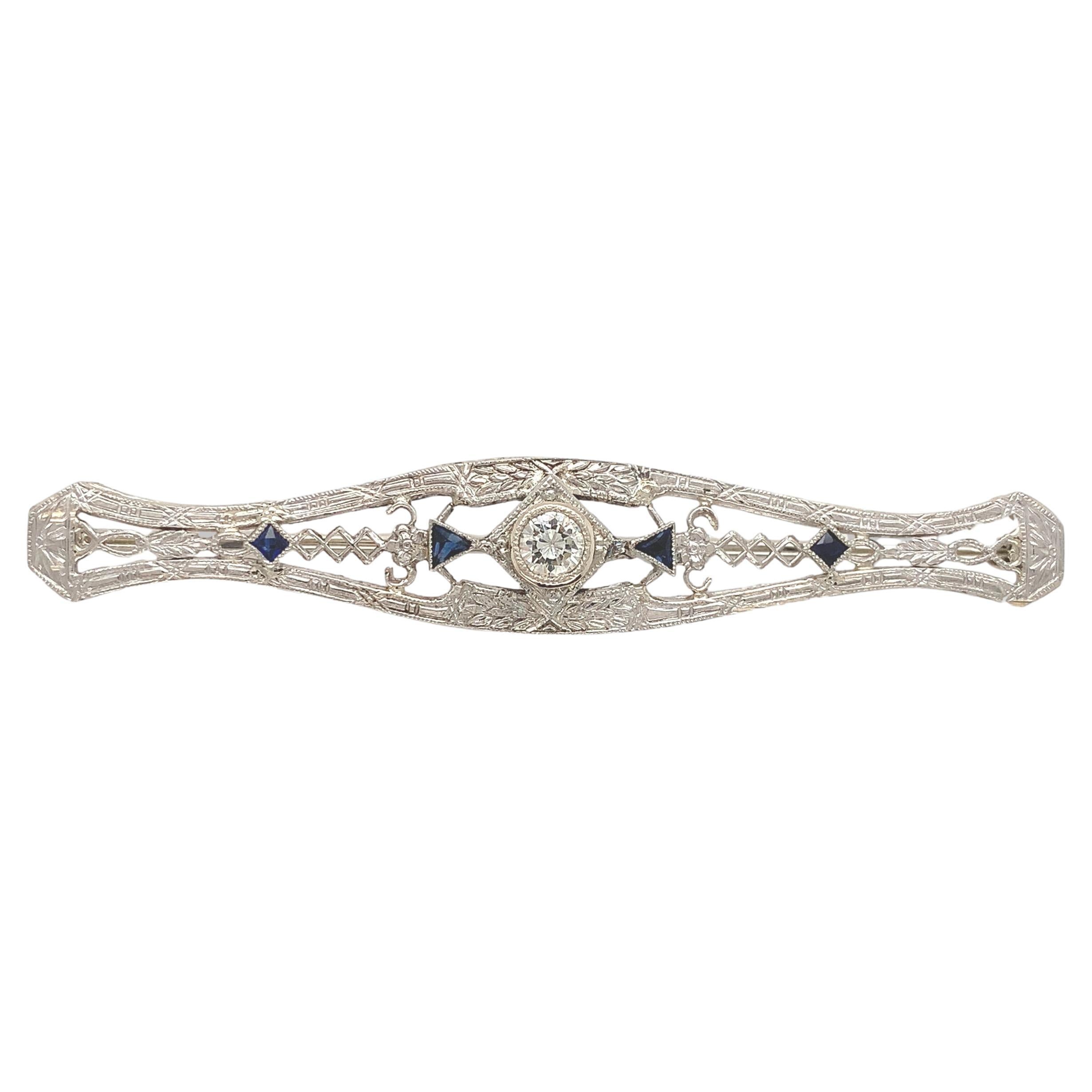 14K Filigree Diamond Bar Pin with Platinum Top and Synthetic Sapphire Accents