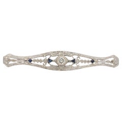 14K Filigree Diamond Bar Pin with Platinum Top and Synthetic Sapphire Accents
