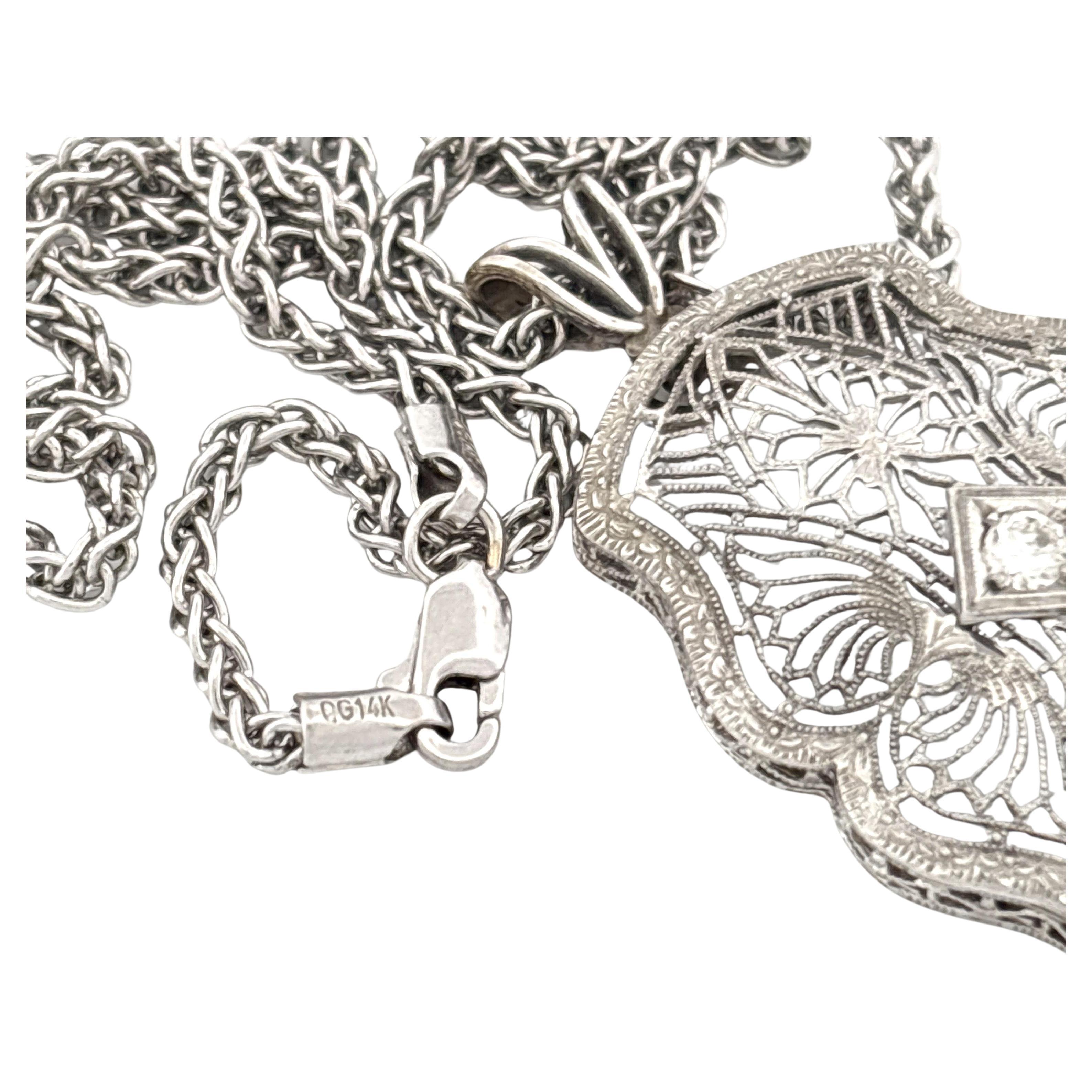 Art Deco 14K White Gold Filigree Diamond Pendant Necklace, Vintage