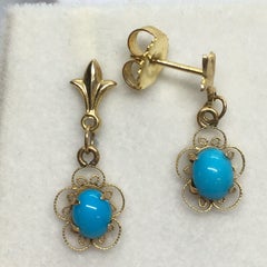 14k Filigree Gold Natural Turquoise Retro 1940s Drop Earrings Hand Made American
