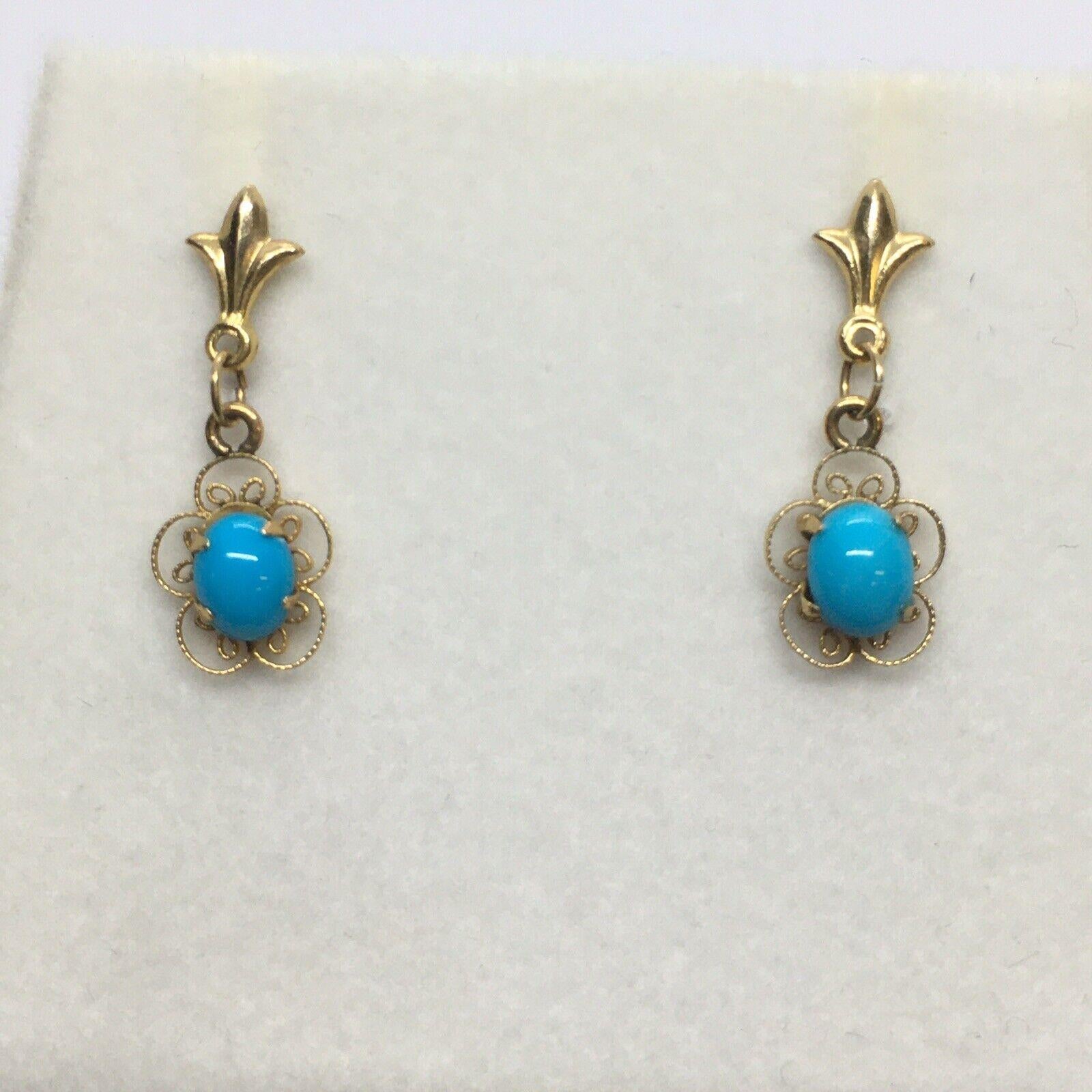 Art Nouveau 14k Filigree Gold Natural Turquoise Retro 1940s Drop Earrings Hand Made American For Sale