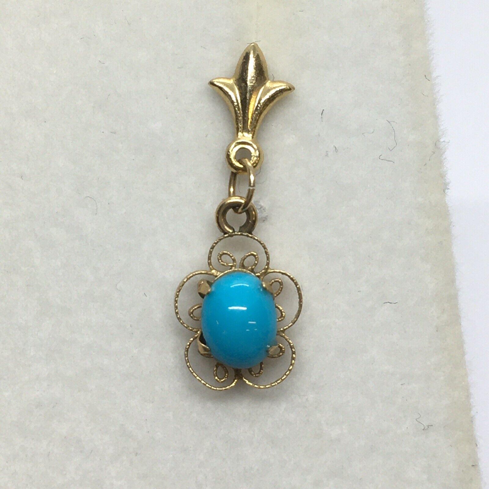 Cabochon 14k Filigree Gold Natural Turquoise Retro 1940s Drop Earrings Hand Made American For Sale