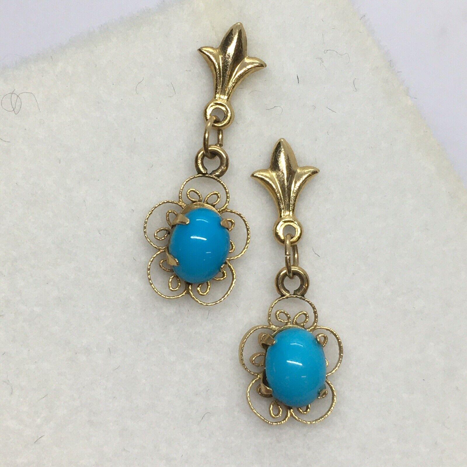 Women's 14k Filigree Gold Natural Turquoise Retro 1940s Drop Earrings Hand Made American For Sale