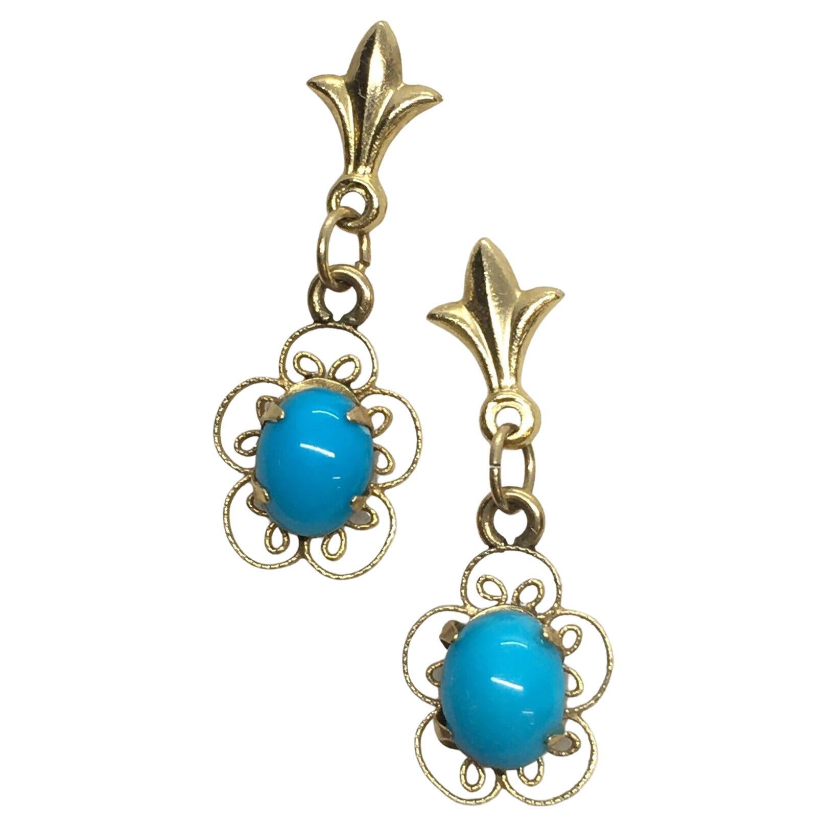 14k Filigree Gold Natural Turquoise Retro 1940s Drop Earrings Hand Made American For Sale