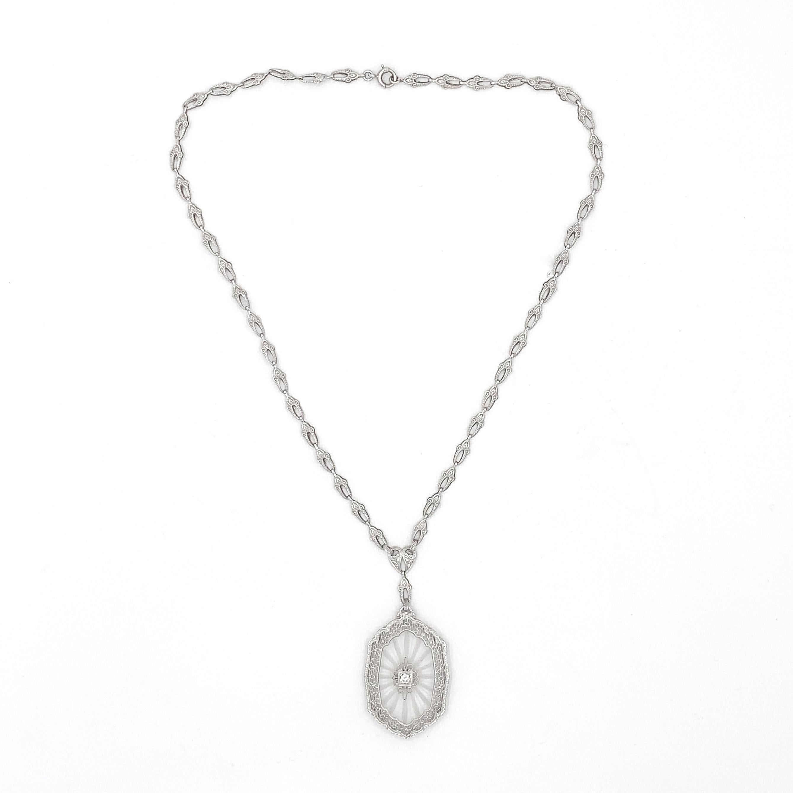 14K Filigrane Bergkristall-Diamant-Halskette mit gegossener Gliederkette (Art déco) im Angebot