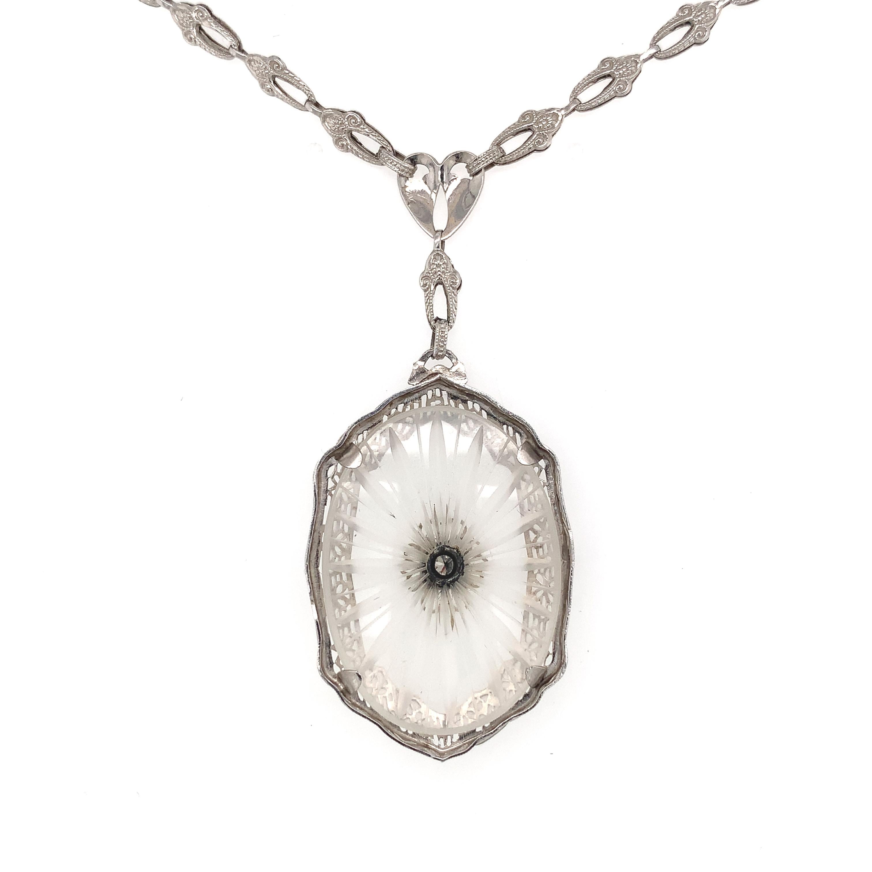 14K Filigrane Bergkristall-Diamant-Halskette mit gegossener Gliederkette (Rundschliff) im Angebot