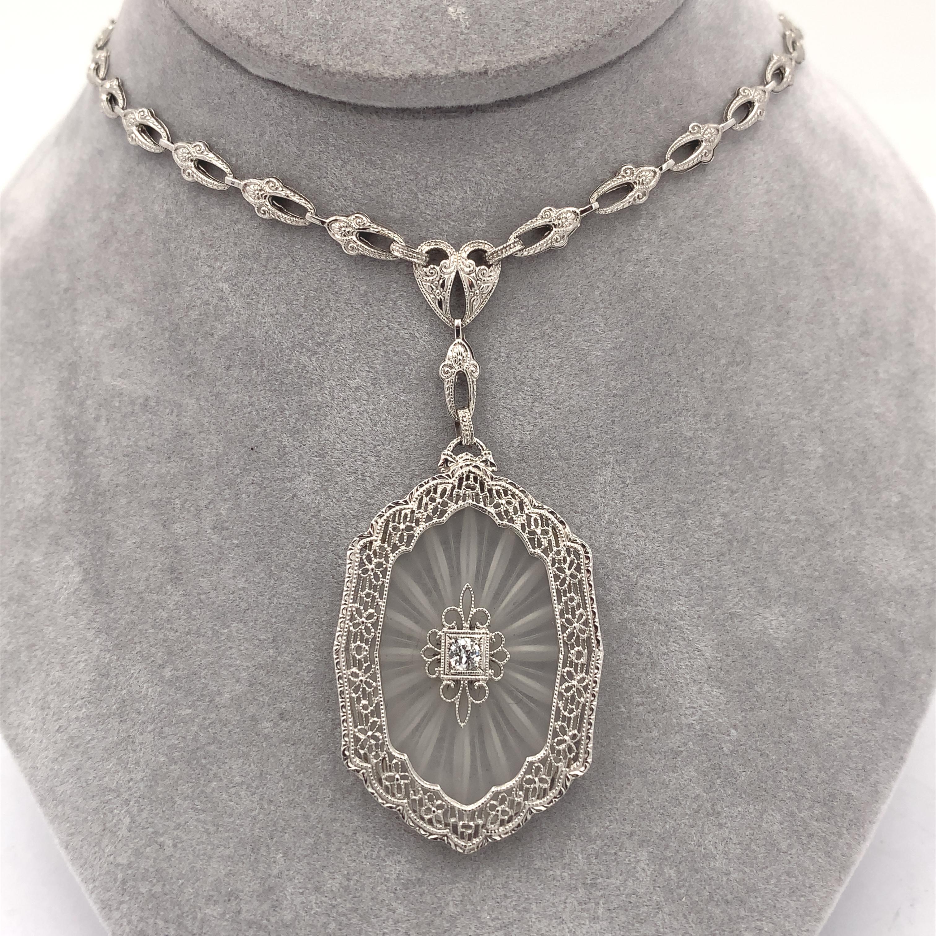14K Filigree Rock Crystal Diamond Necklace with Cast Link Chain For Sale 1