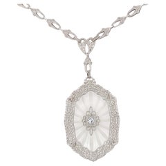 14K Filigree Rock Crystal Diamond Necklace with Cast Link Chain