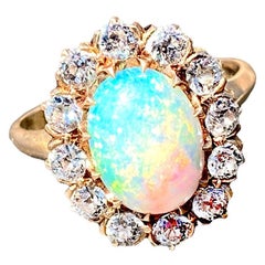Antique 14K Fire Opal & European Diamond Gold Ring