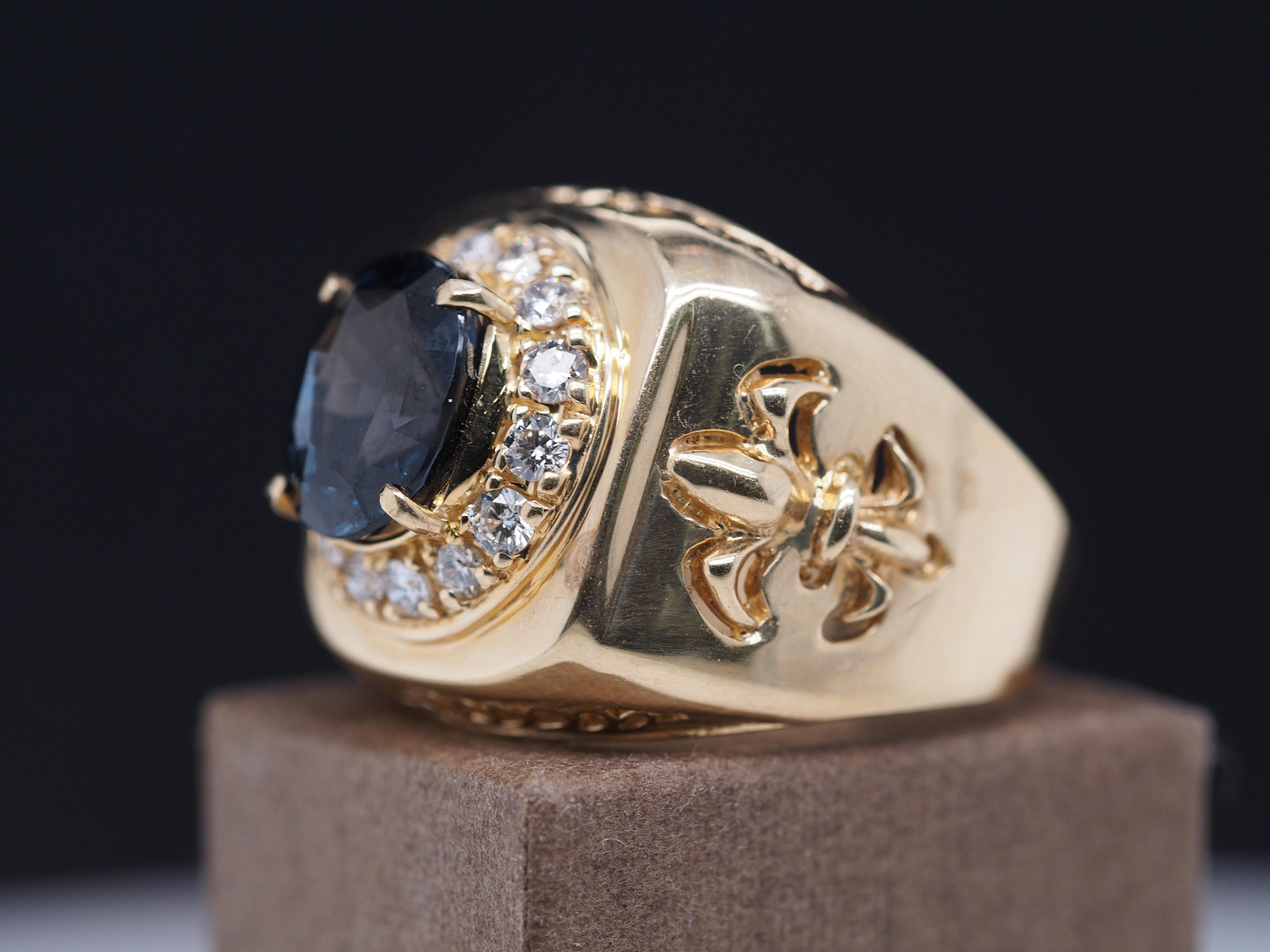 Contemporary 14k Fleur De Lis Mens Diamond and Spinel Ring For Sale