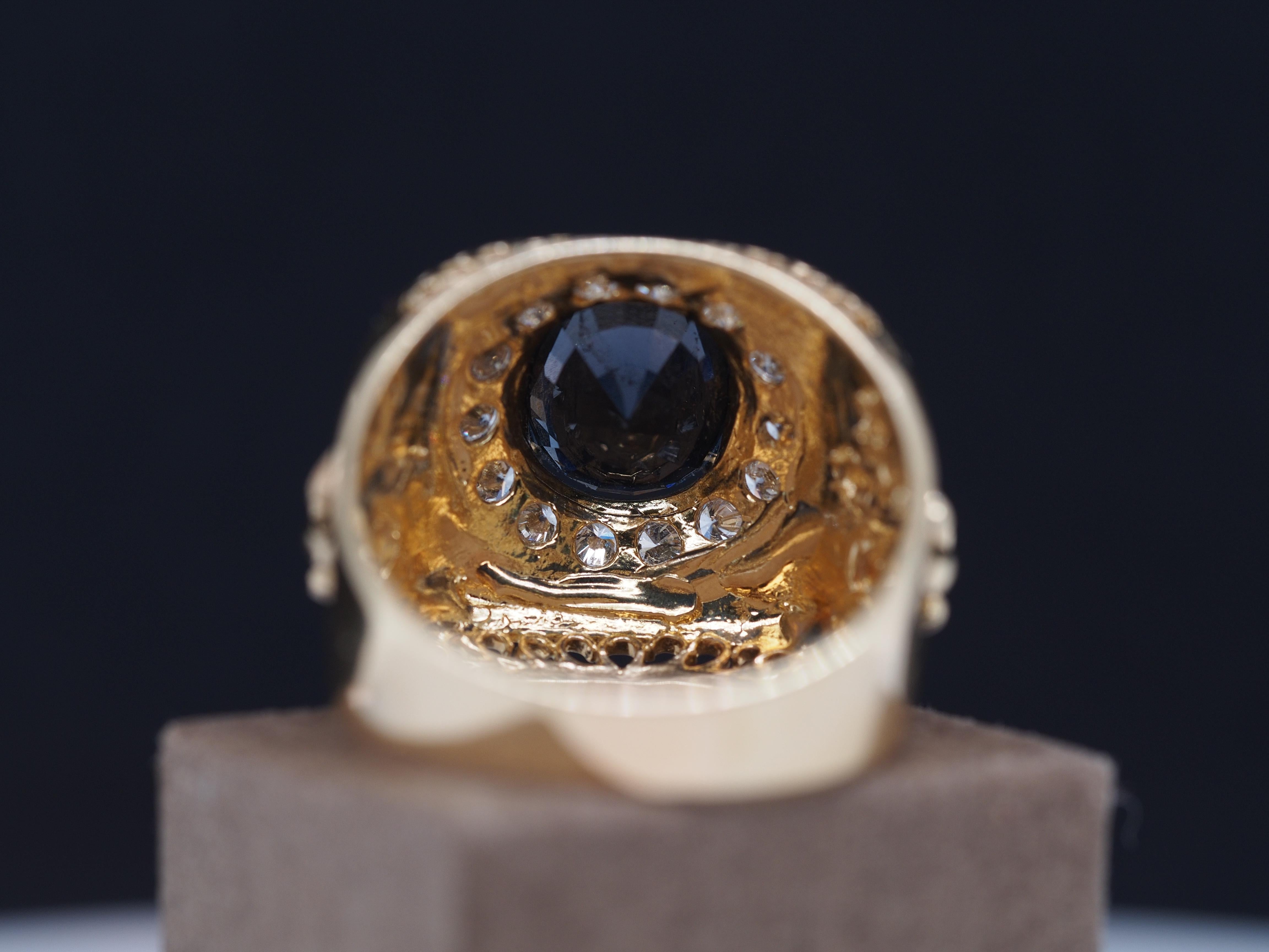 14k Fleur De Lis Mens Diamond and Spinel Ring In Good Condition For Sale In Atlanta, GA
