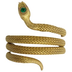 14 Karat Flexible Wrap Around Victorian Snake Bracelet with Vidid Emerald Head 