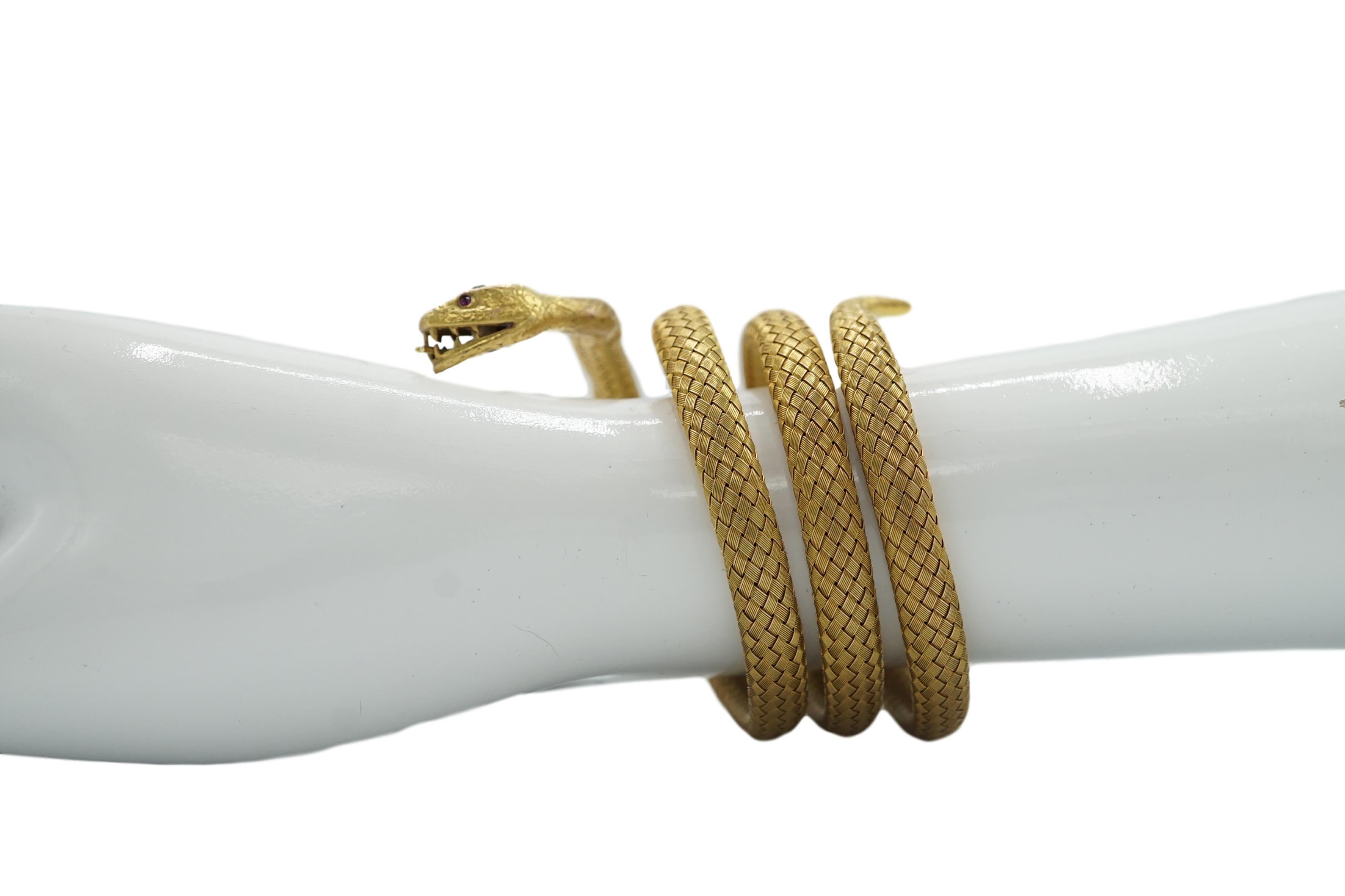14K Flexible Wrap Around Victorian Snake Bracelet with Vidid Emerald Head 