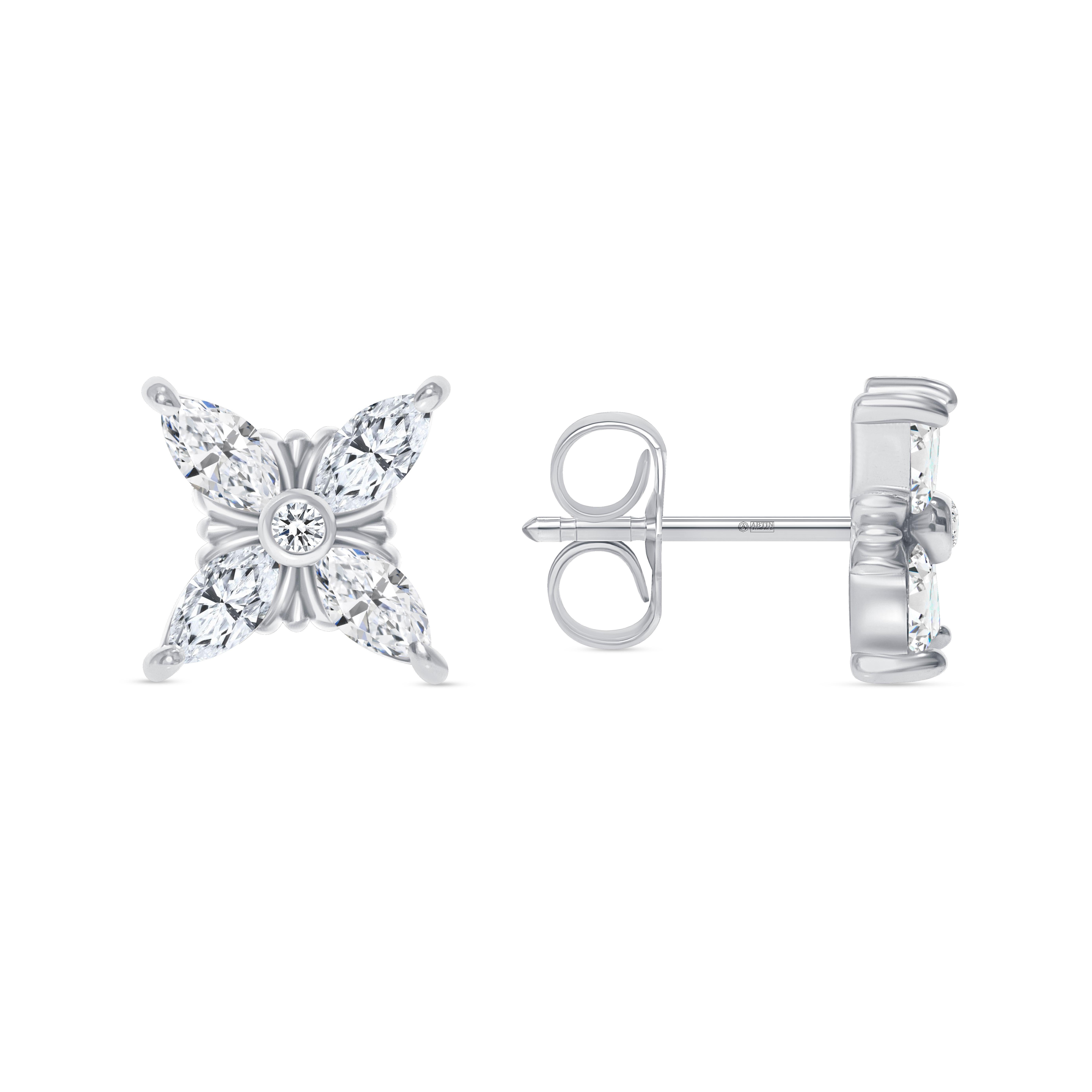 Modern 14K Floral Style Marquise-cut Diamond Stud Earrings For Sale