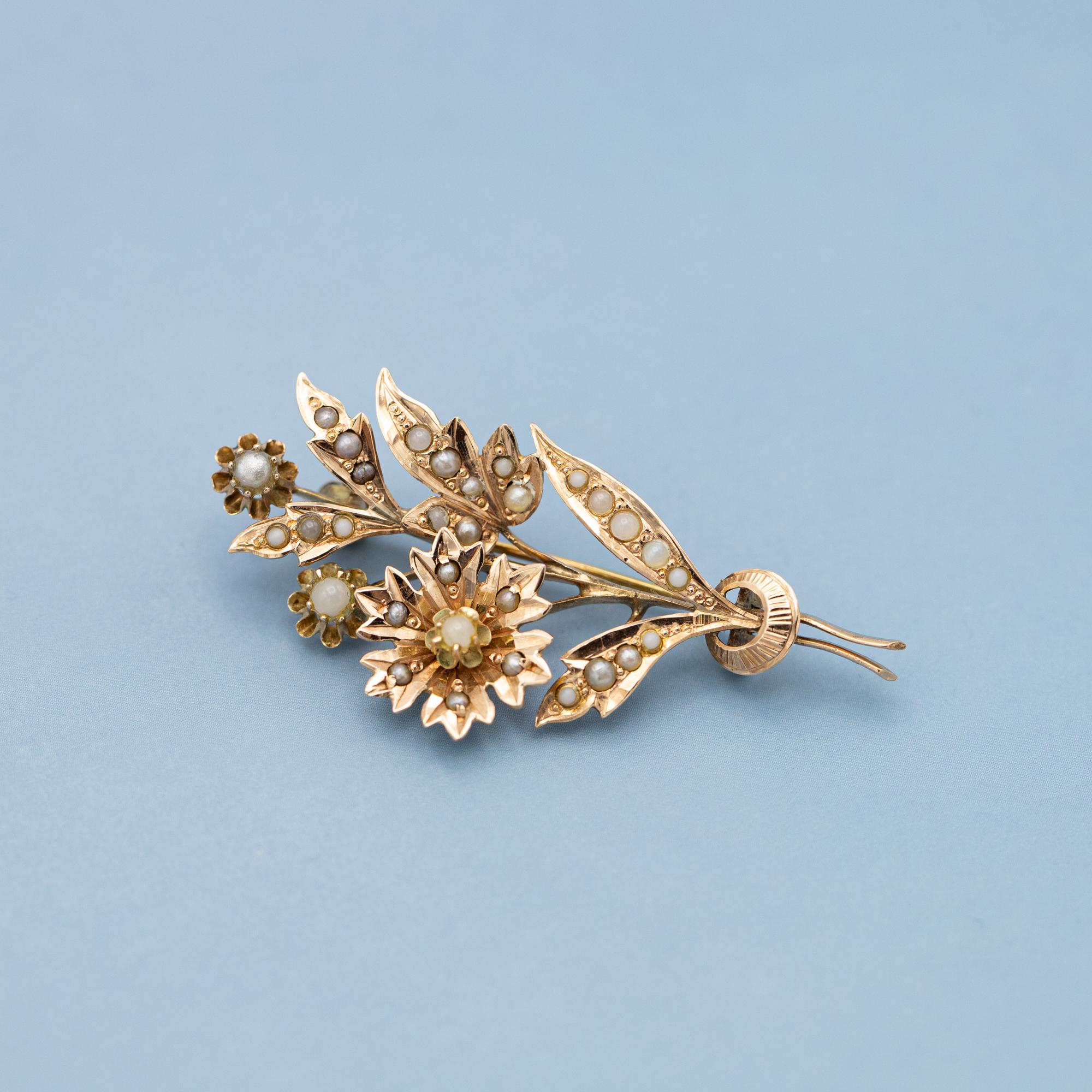 Femenino o masculino Broche Victoriano Floral 14k - Art Nouveau Europeo Joya temática floral en venta