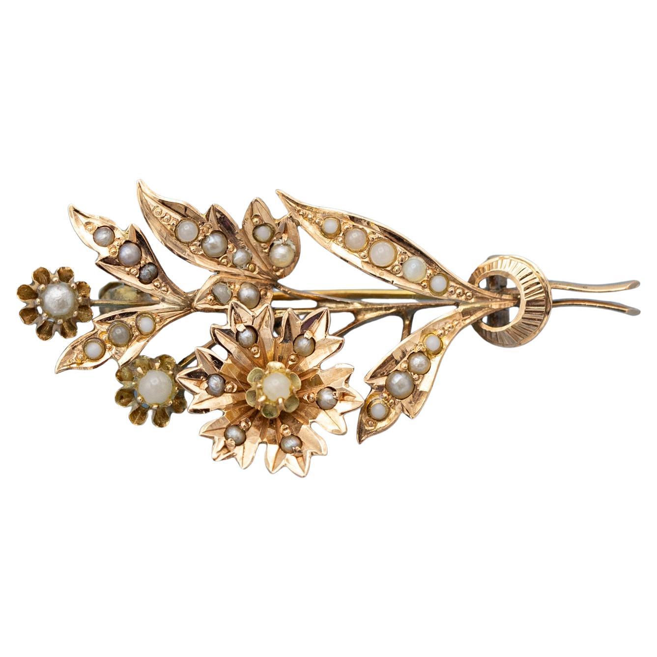 Broche Victoriano Floral 14k - Art Nouveau Europeo Joya temática floral en venta