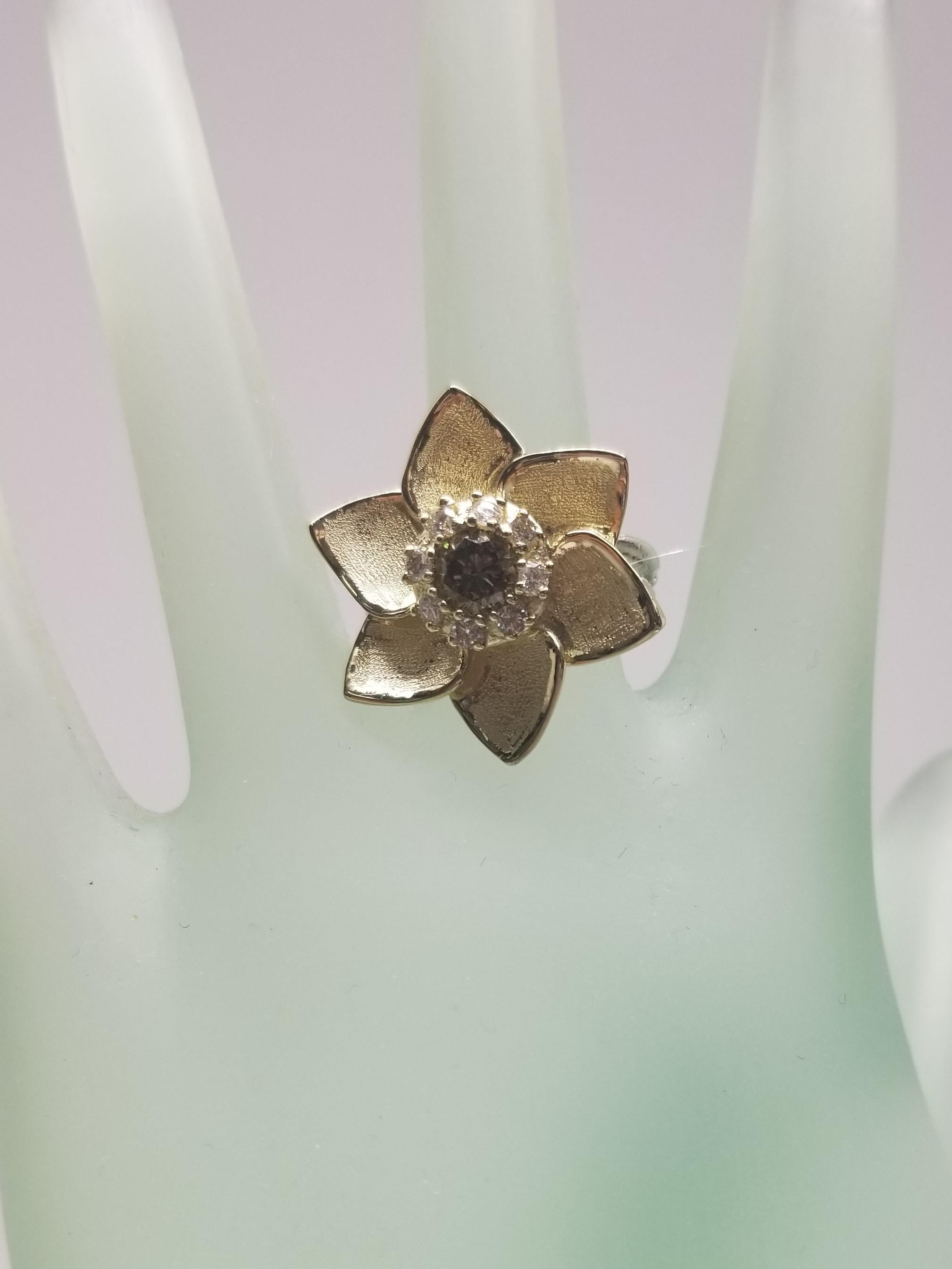 14 Karat Flower with Greenish Yellow .68pts. Diamond and .30pts. Halo For Sale 4