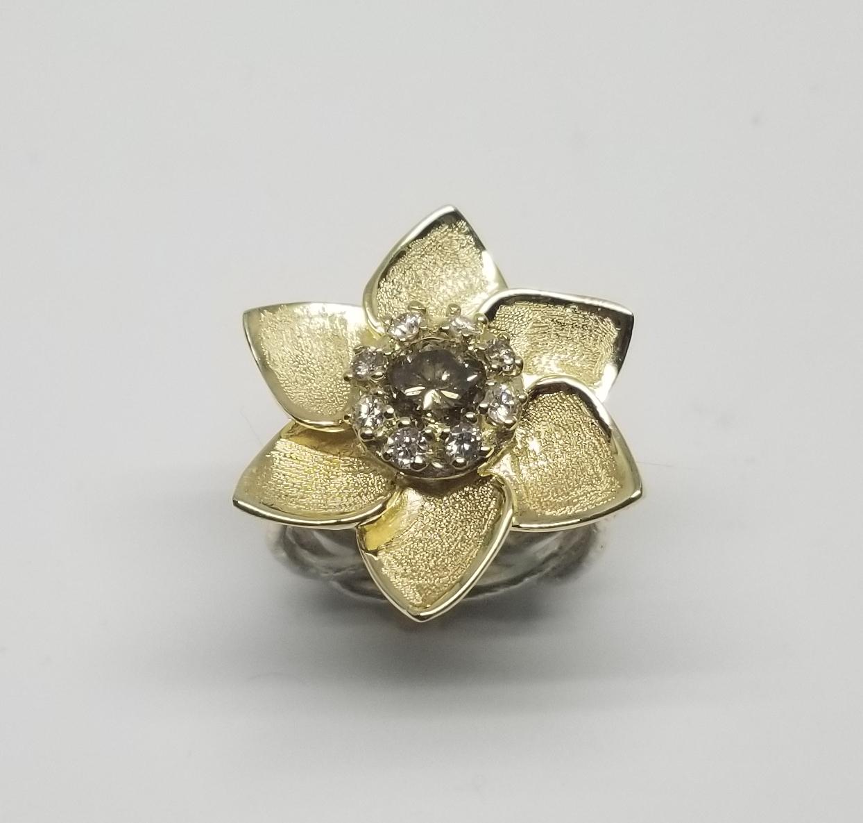 Women's or Men's 14 Karat Flower with Greenish Yellow .68pts. Diamond and .30pts. Halo For Sale