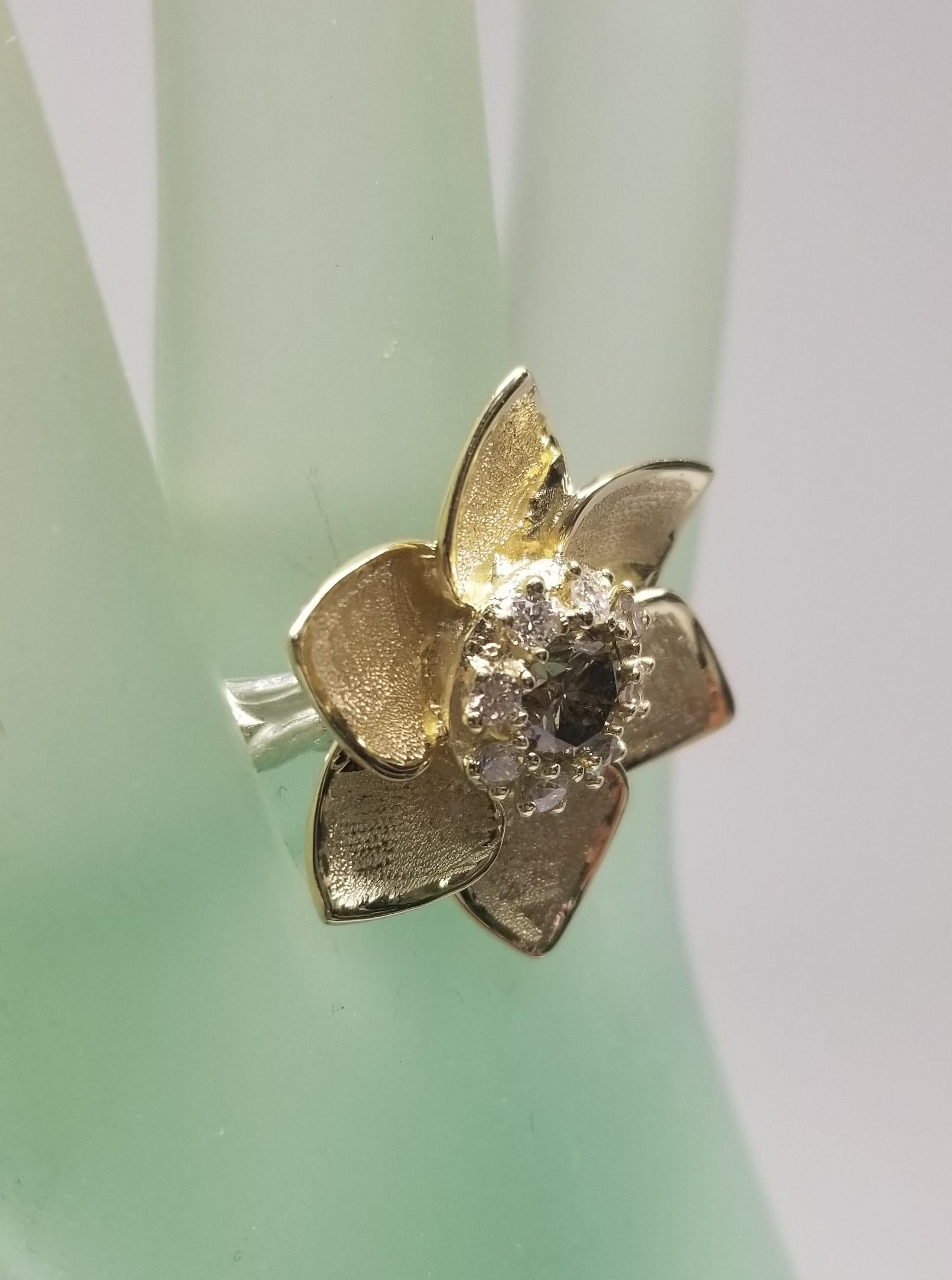 14 Karat Flower with Greenish Yellow .68pts. Diamond and .30pts. Halo For Sale 3