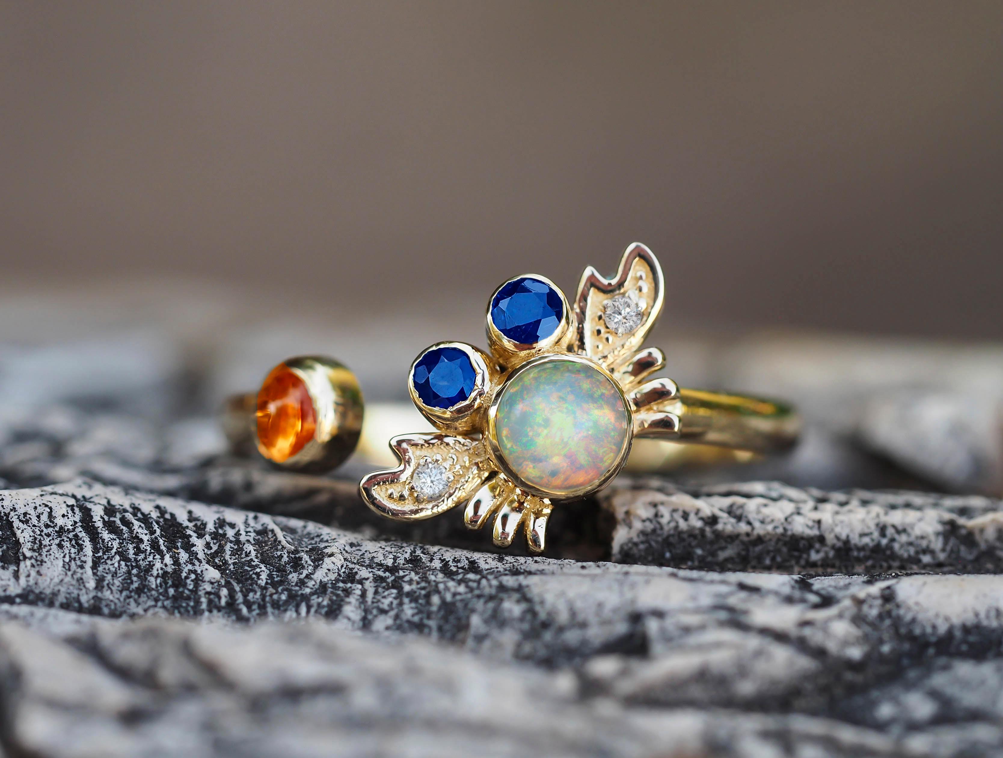 For Sale:  14k Funny Crab Gold Ring with Opal, Sapphires and Diamonds 10