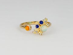 14k Funny Crab Gold Ring with Opal, Sapphires and Diamonds