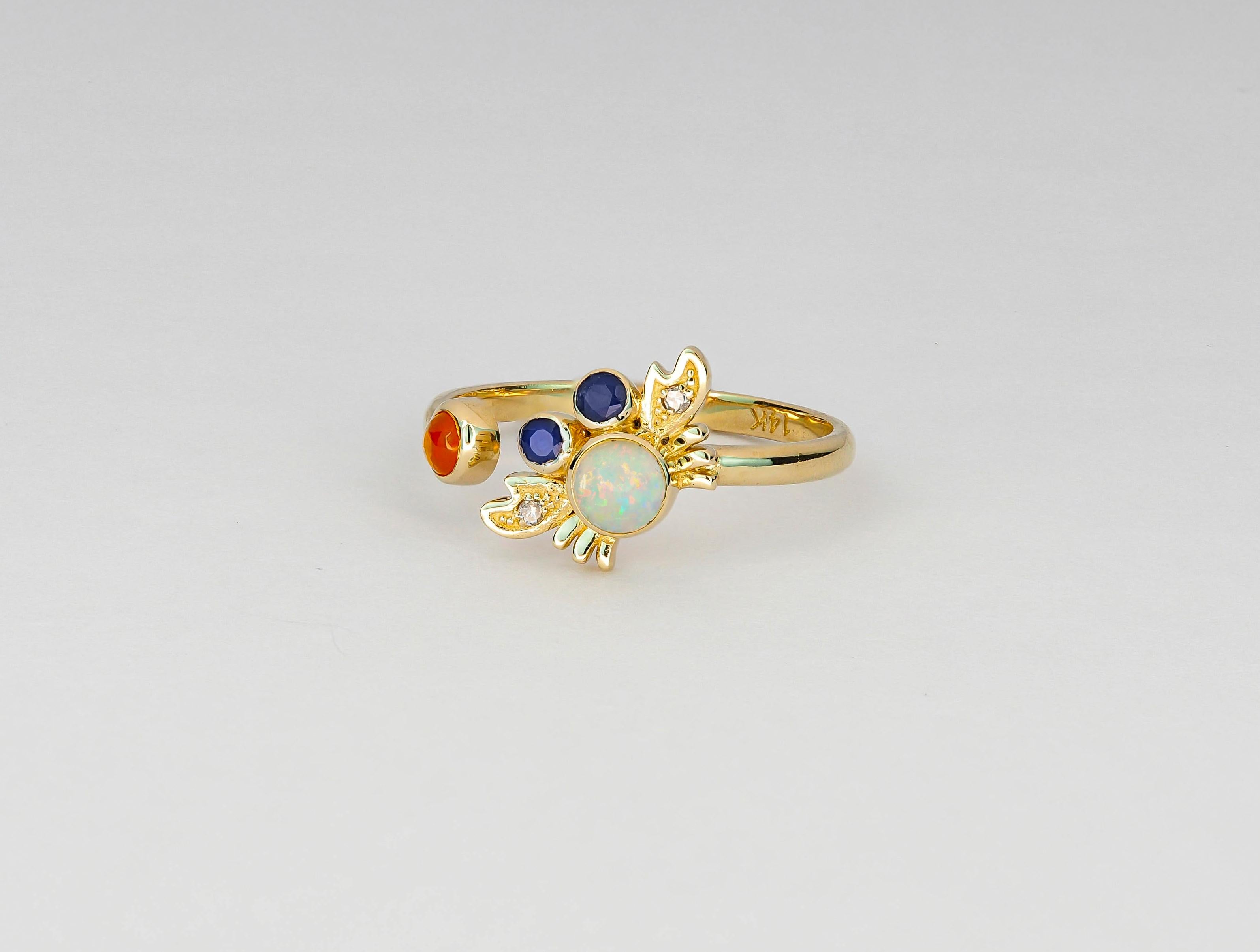 Modern 14k Funny Crab Gold Ring with Opal, Sapphires and Diamonds For Sale