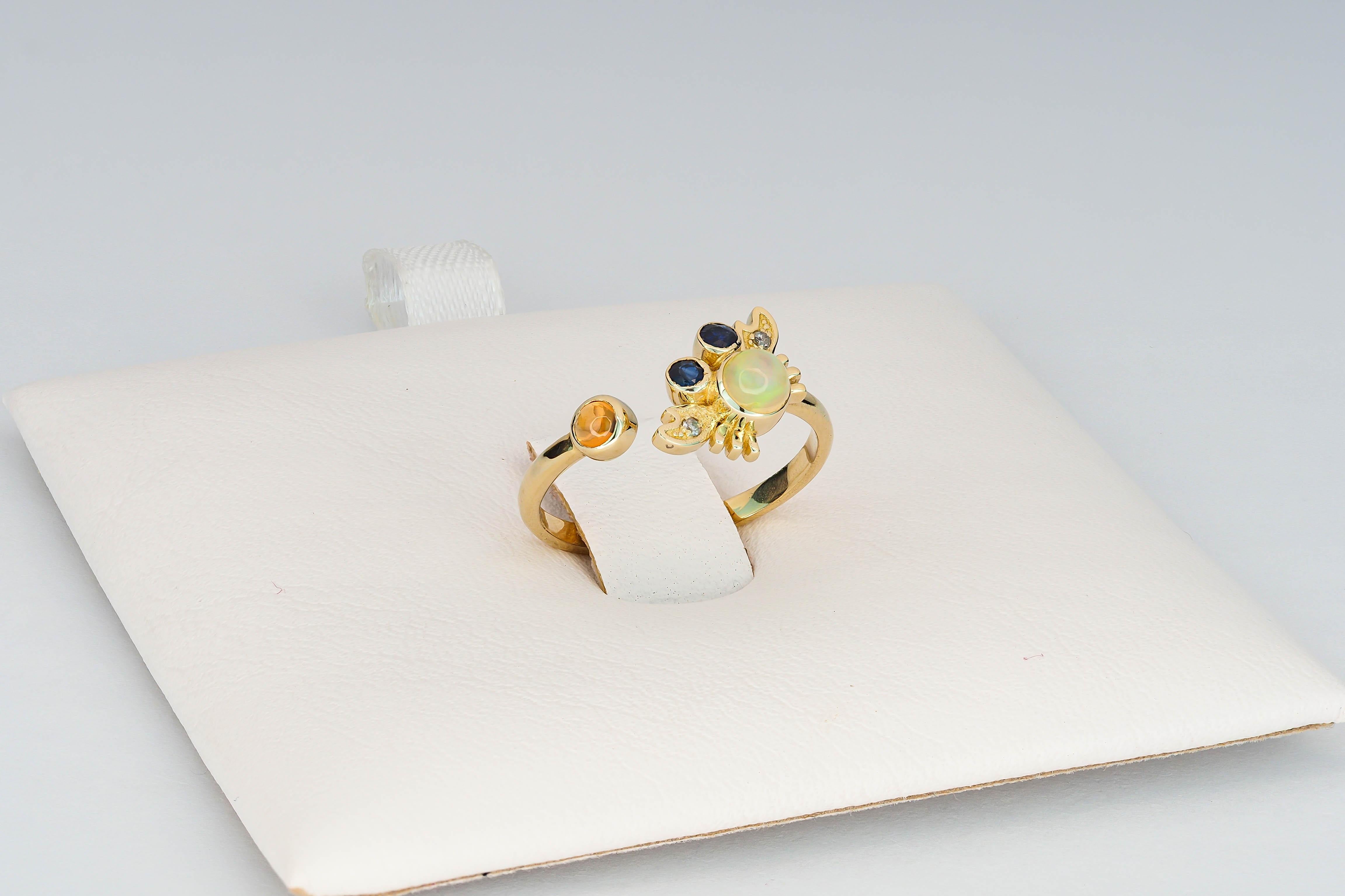 For Sale:  14k Funny Crab Gold Ring with Opal, Sapphires and Diamonds 4