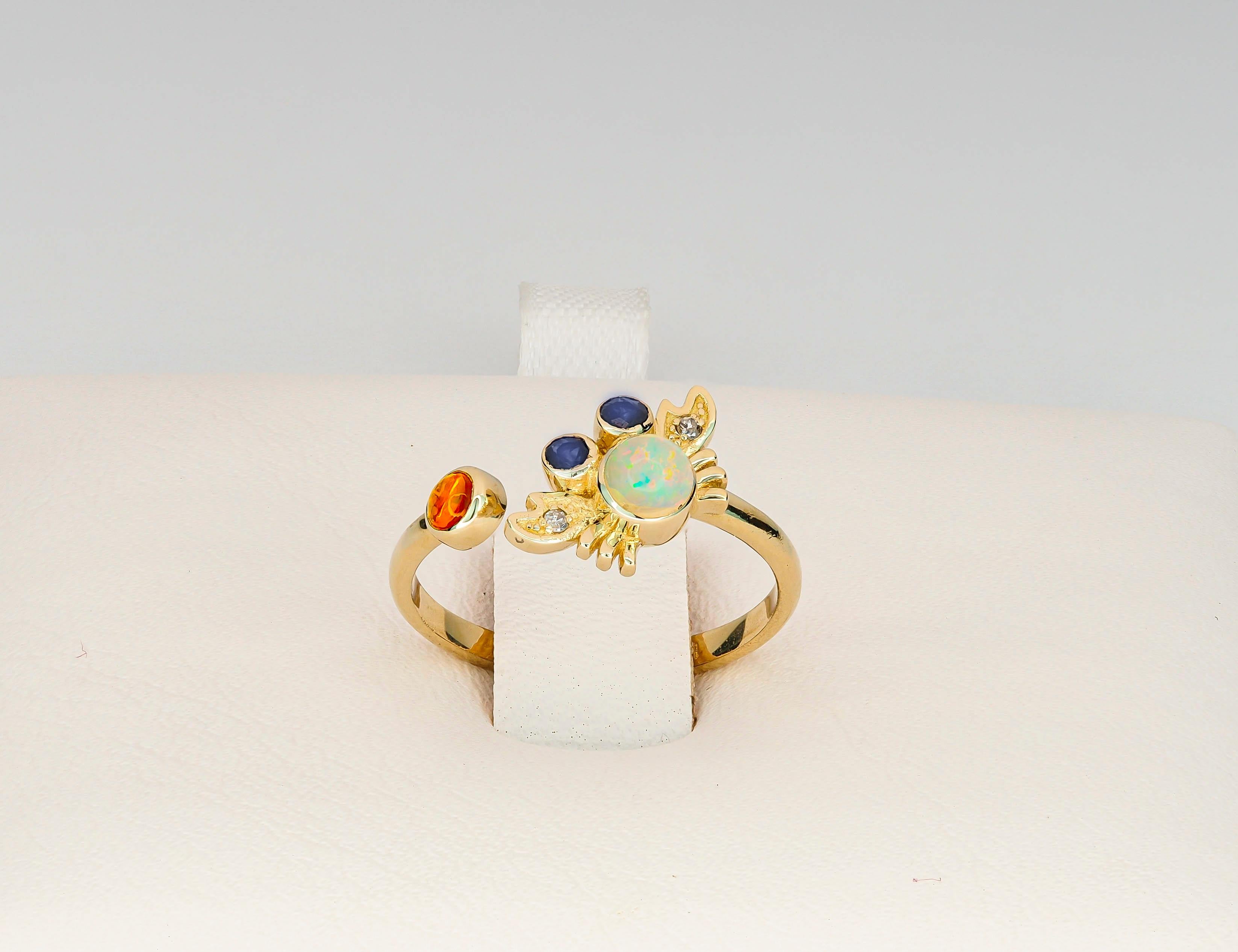 14k Funny Crab Gold Ring with Opal, Sapphires and Diamonds In New Condition In Istanbul, TR