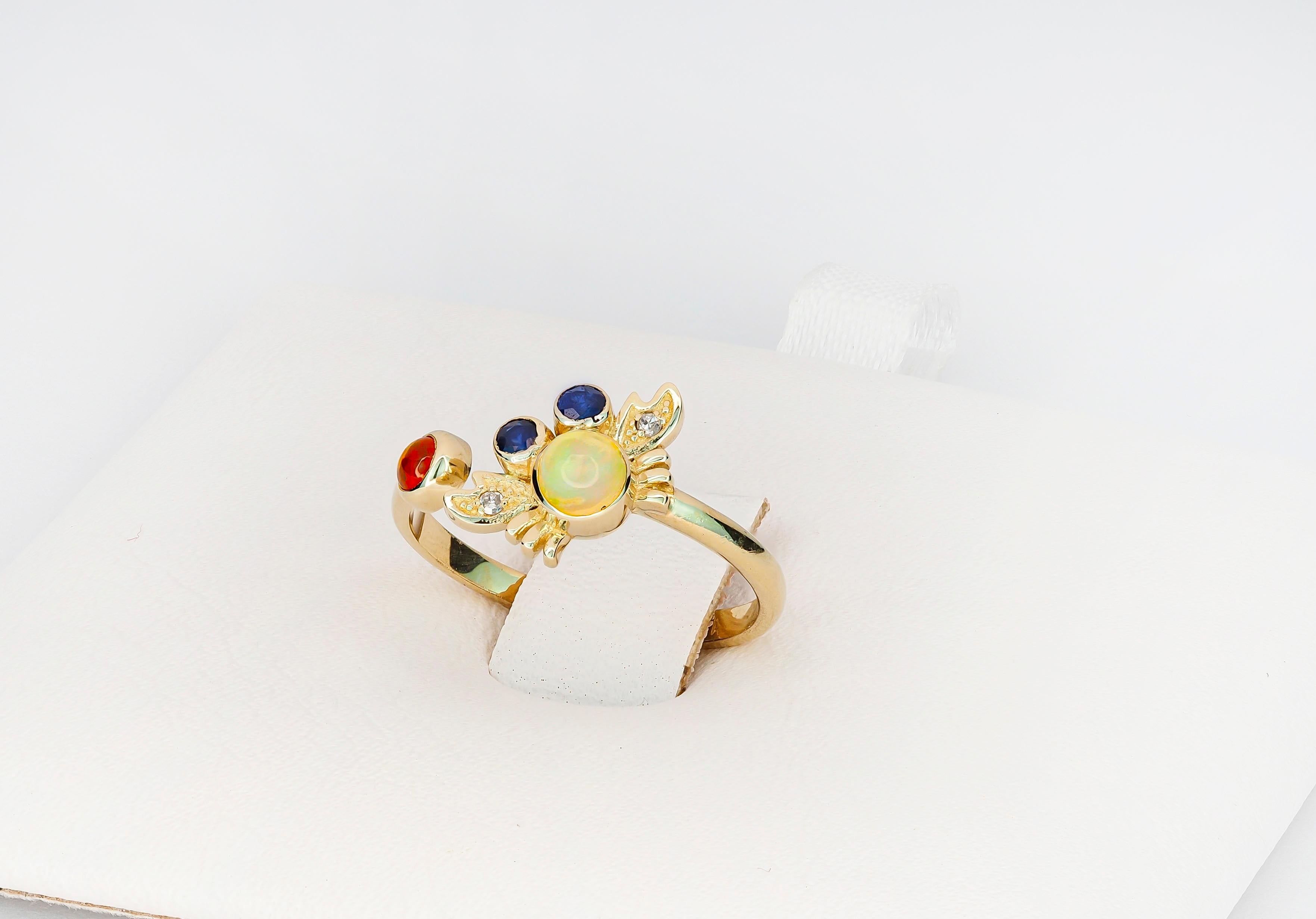 For Sale:  14k Funny Crab Gold Ring with Opal, Sapphires and Diamonds 6