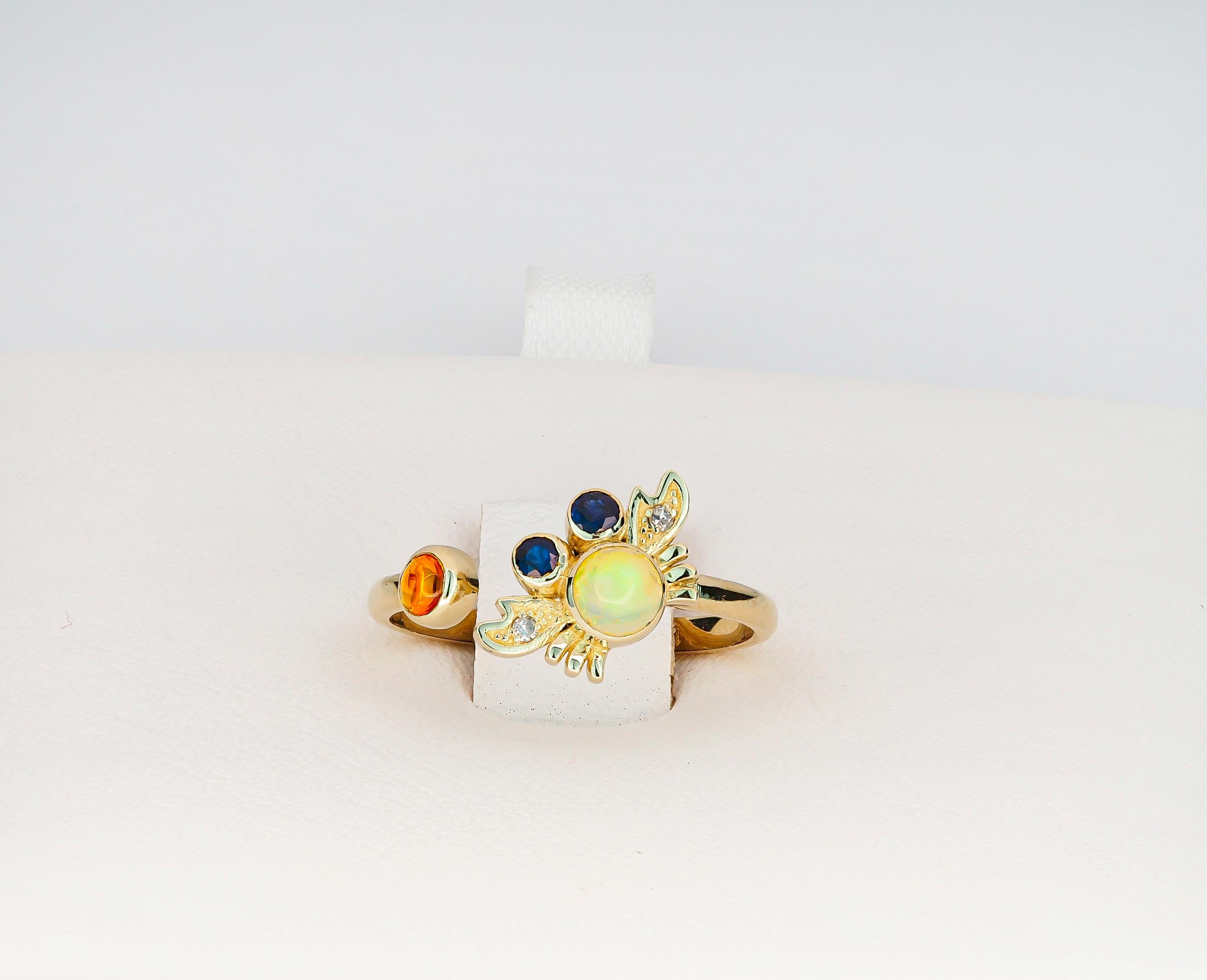 For Sale:  14k Funny Crab Gold Ring with Opal, Sapphires and Diamonds 7