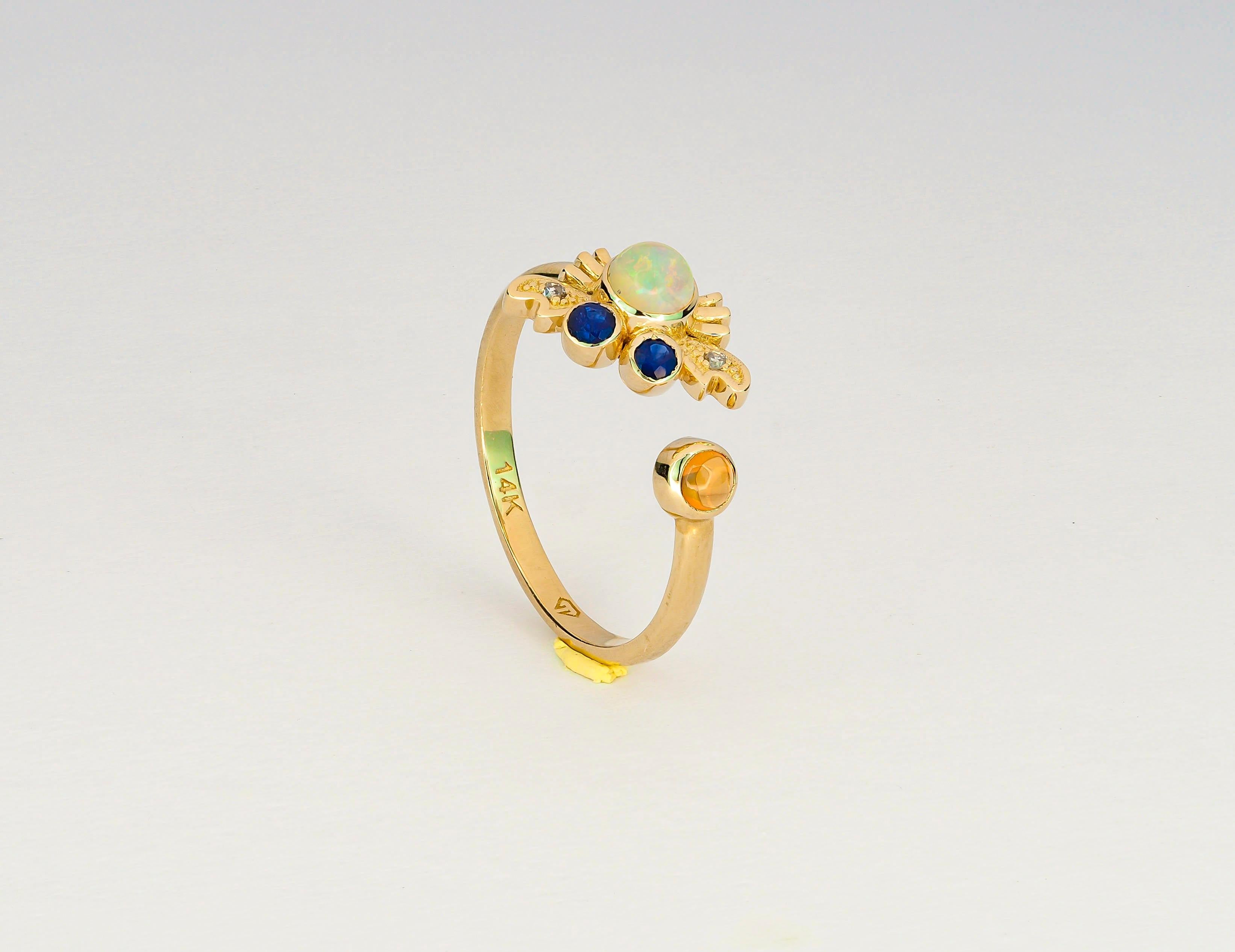 For Sale:  14k Funny Crab Gold Ring with Opal, Sapphires and Diamonds 8