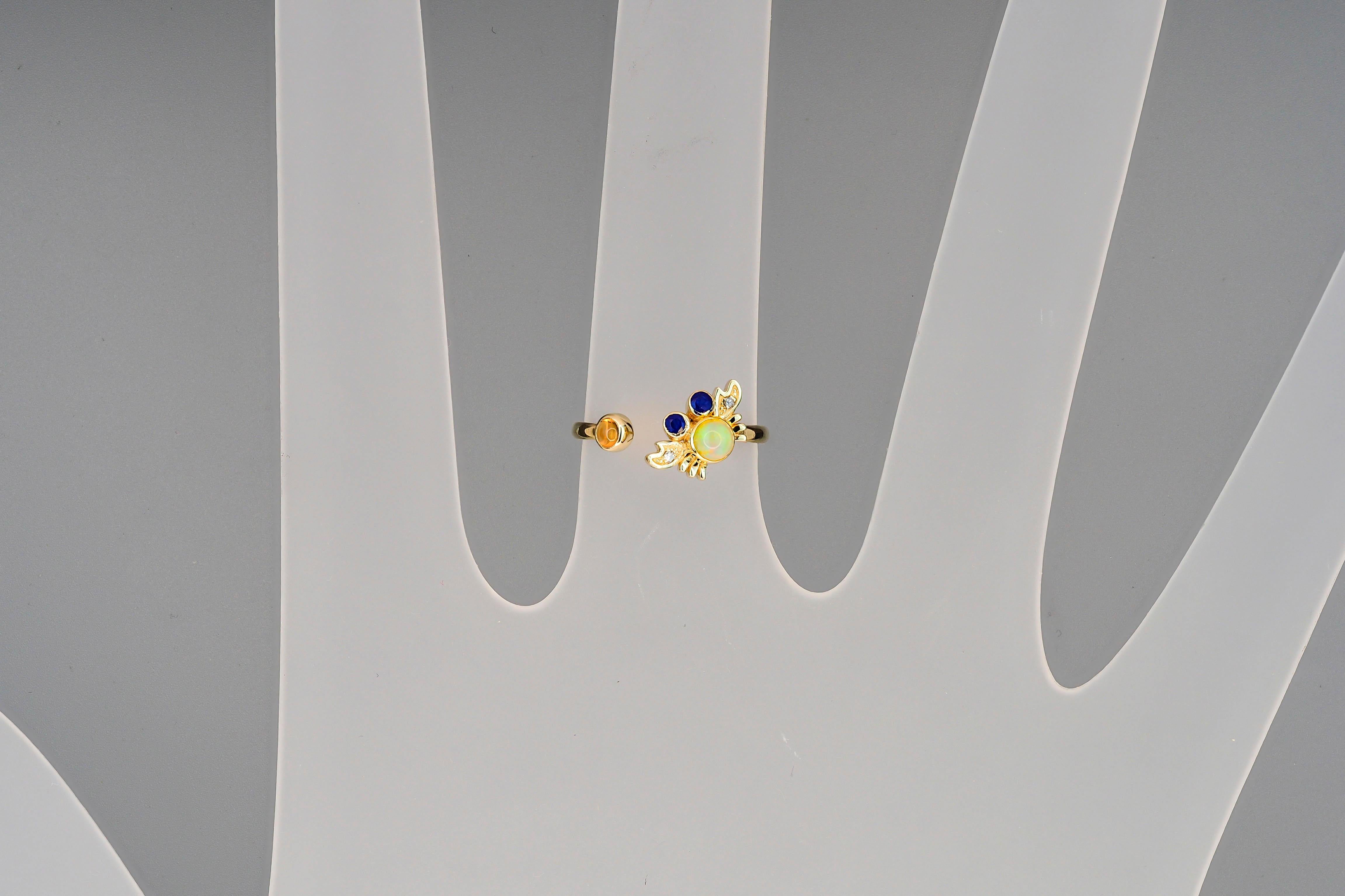 For Sale:  14k Funny Crab Gold Ring with Opal, Sapphires and Diamonds 9