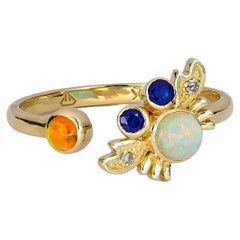 14k Funny Crab Gold Ring with Opal, Sapphires and Diamonds