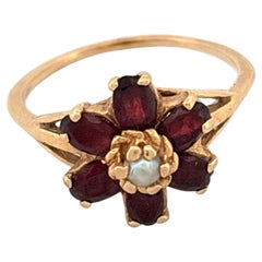 Antique 14K Yellow Gold Garnet Flower Ring with Seed Pearl Center