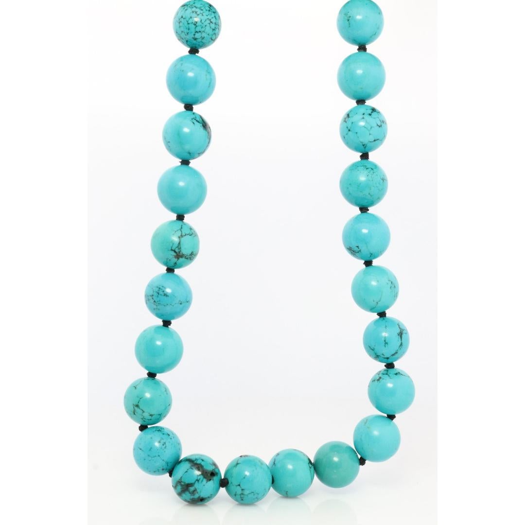 Women's 14k Genuine Turquoise Bead Necklace. Round Turquoise Knotted Beads Necklace 18in For Sale