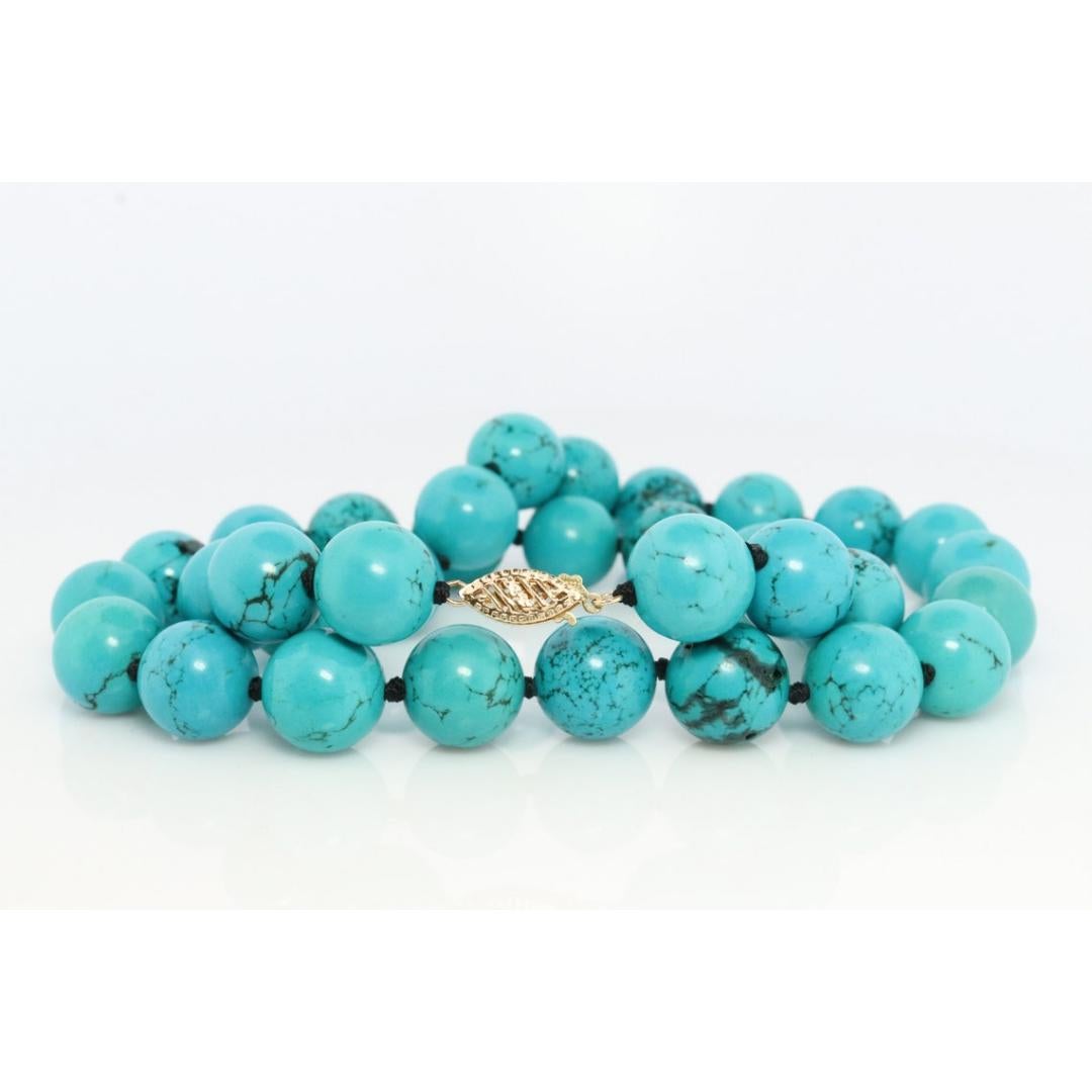 14k Genuine Turquoise Bead Necklace. Round Turquoise Knotted Beads Necklace 18in For Sale 1