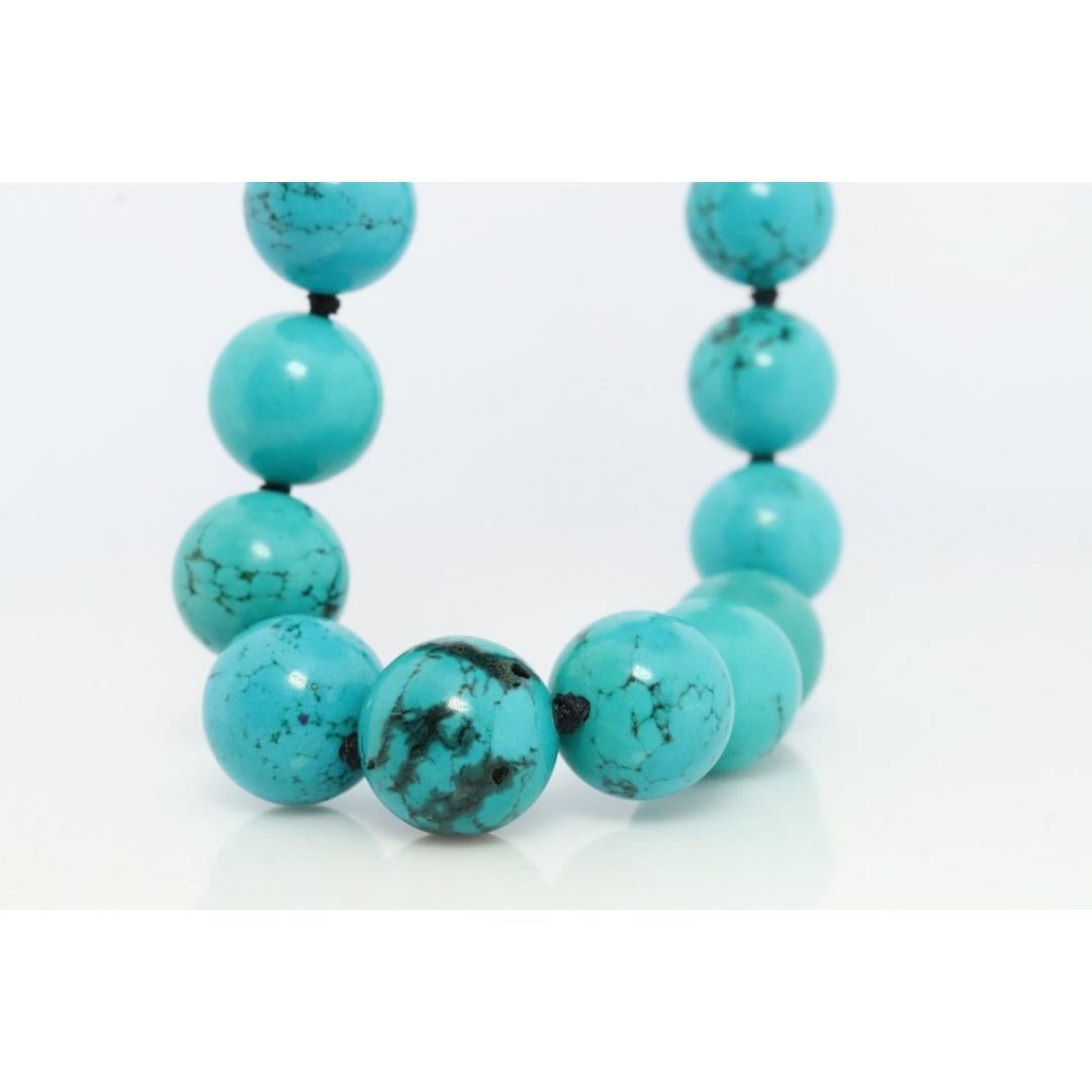 14k Genuine Turquoise Bead Necklace. Round Turquoise Knotted Beads Necklace 18in For Sale 2