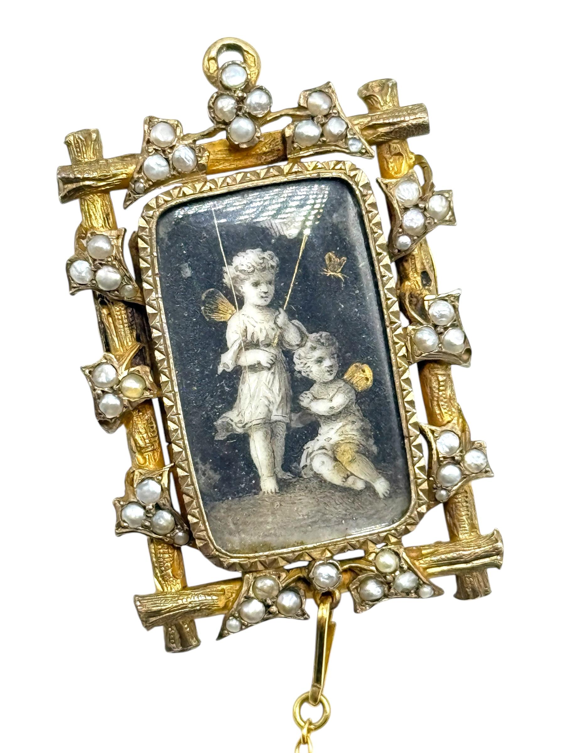 14k georgianische Mini-Mini-Gemälde-Memento-Brosche (Georgian) im Angebot