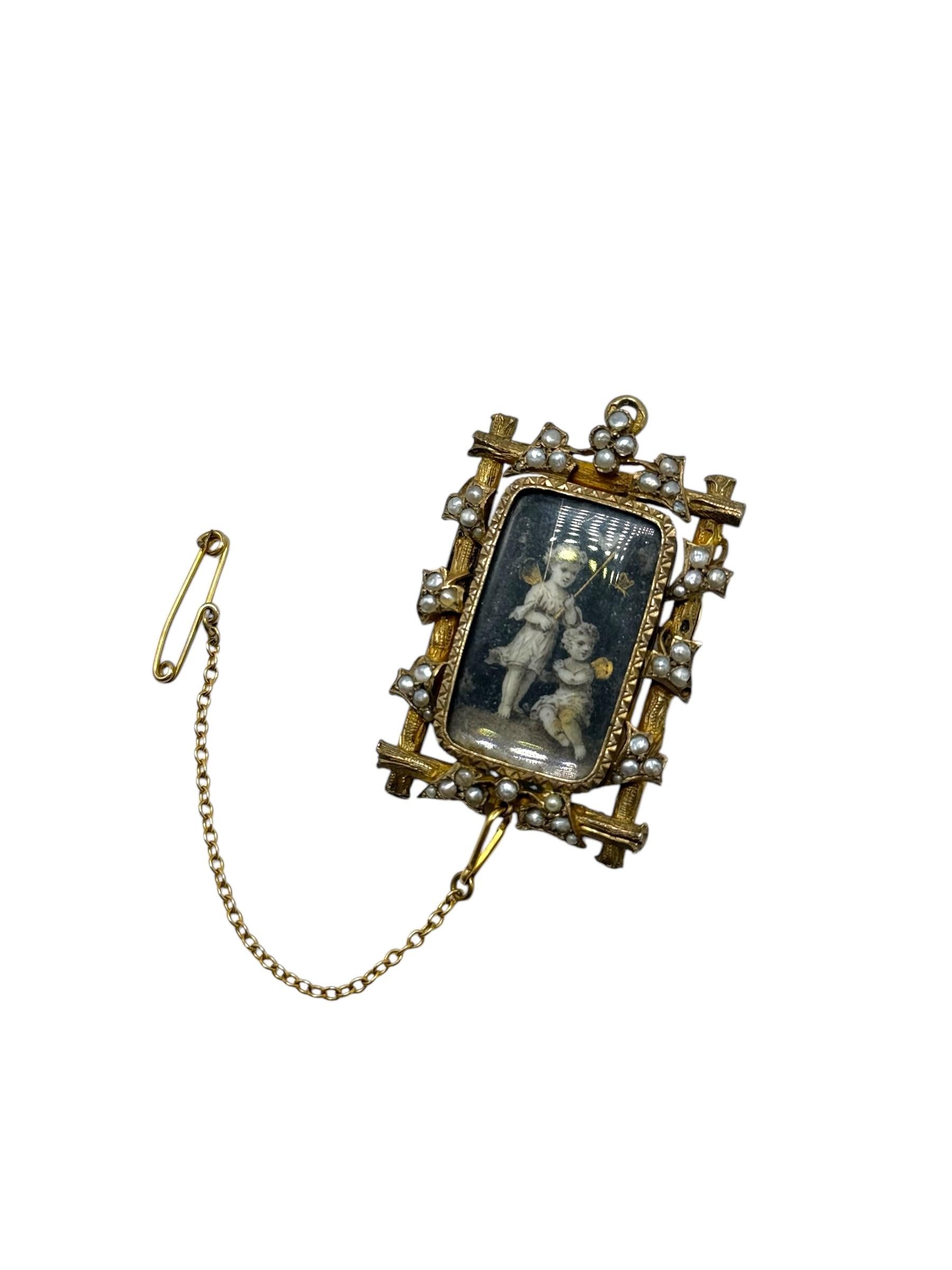 14k georgianische Mini-Mini-Gemälde-Memento-Brosche (Perle) im Angebot