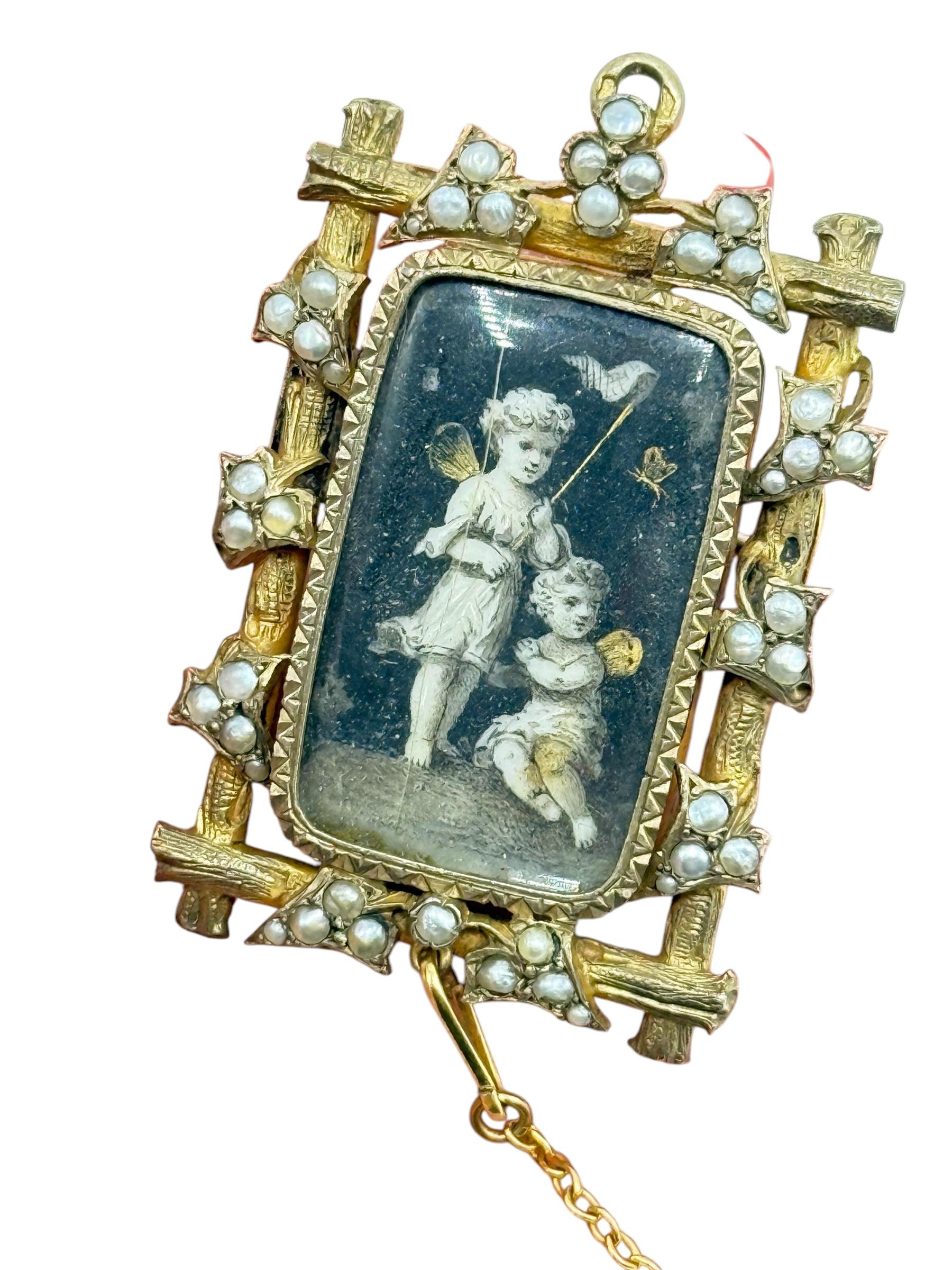14k georgianische Mini-Mini-Gemälde-Memento-Brosche für Damen oder Herren im Angebot