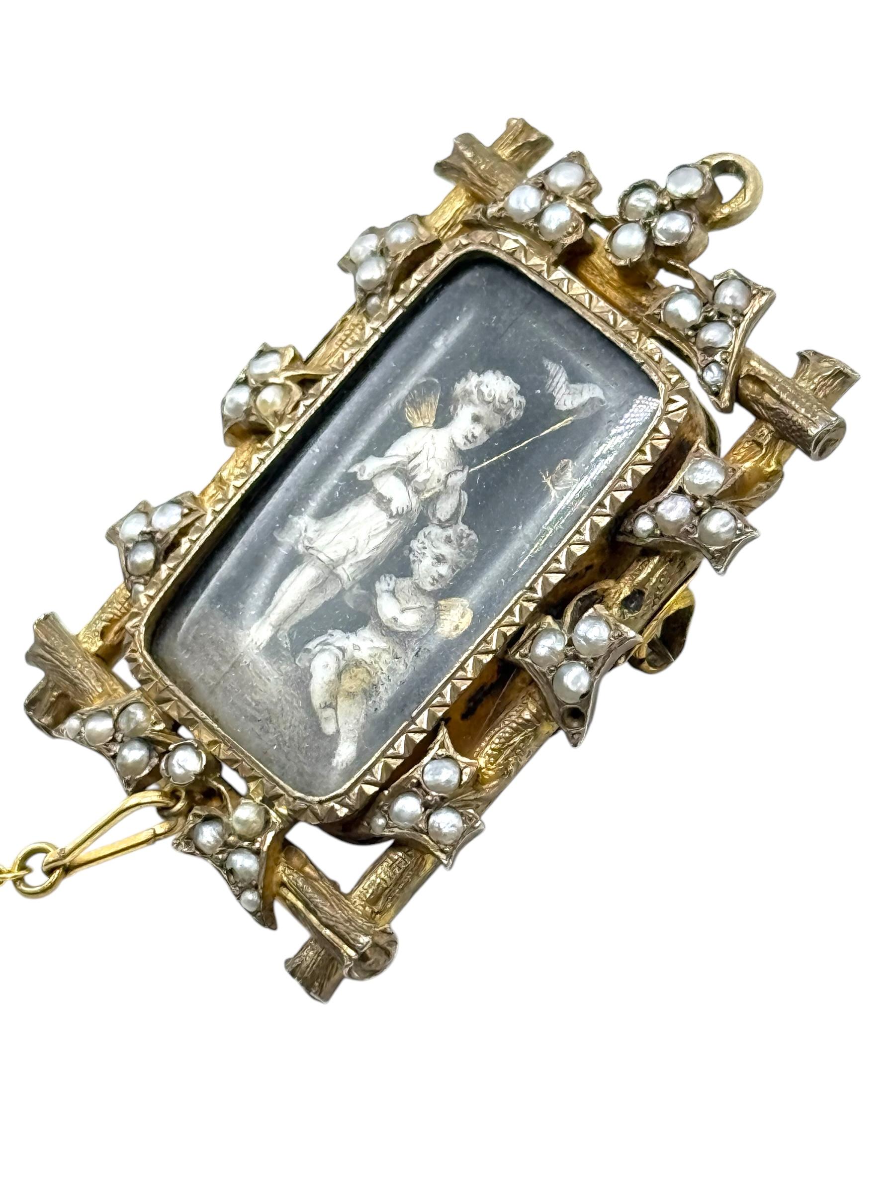 14k georgianische Mini-Mini-Gemälde-Memento-Brosche im Angebot 1