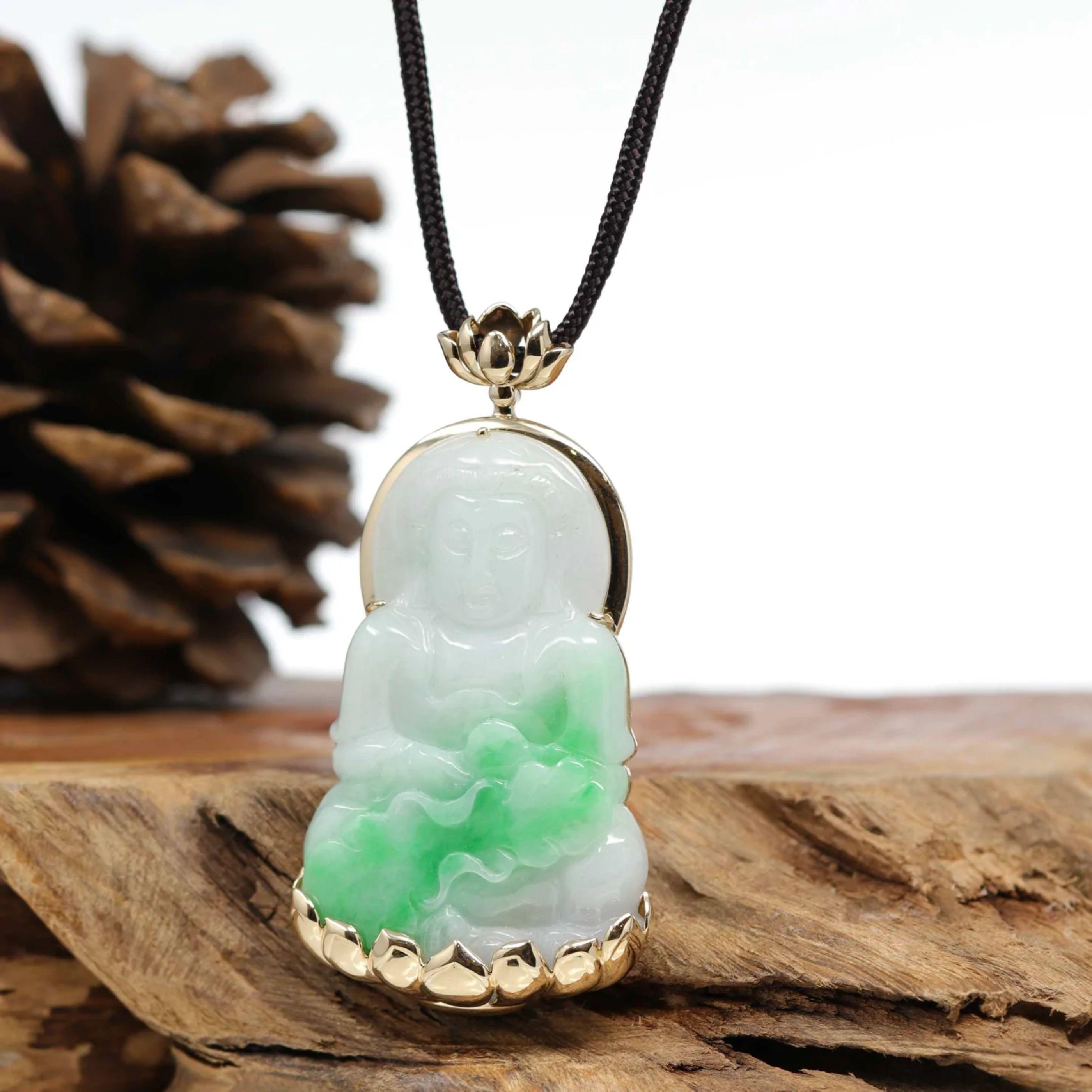 *Design concept--- Made with genuine Burmese jadeite jade. With a special 14k lotus design. The louts symbolize the one who overcame the pain that prevails in the material world and became enlightened, just like the Lotus flower which starts to grow