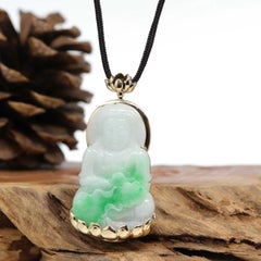 14k Goddess of Compassion Genuine Burmese Jadeite Jade Guanyin Lotus Necklace