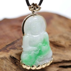 14k "Goddess of Compassion" Genuine Burmese Jadeite Jade Guanyin Lotus Necklace