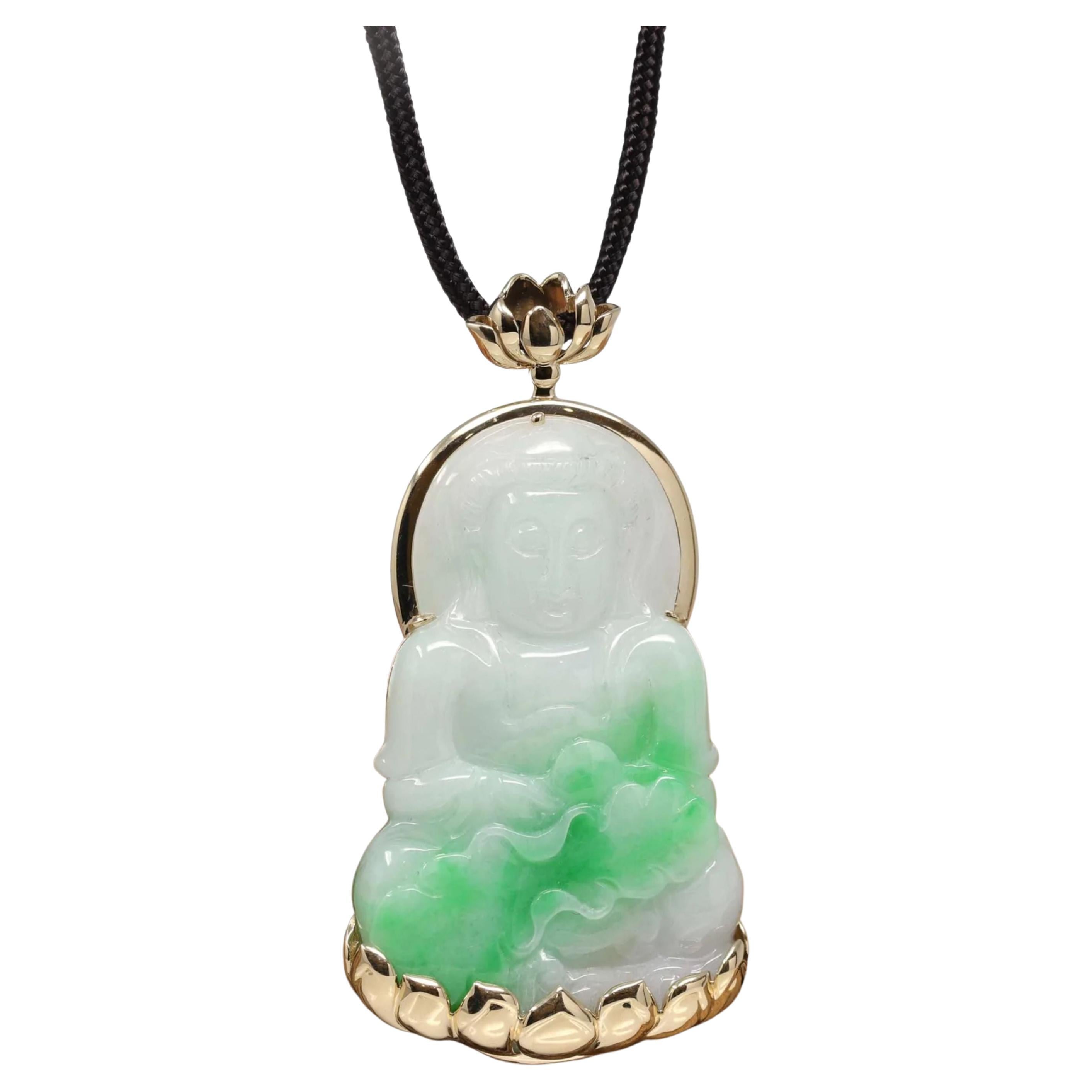 14k Goddess of Compassion Genuine Burmese Jadeite Jade Guanyin Lotus Necklace For Sale