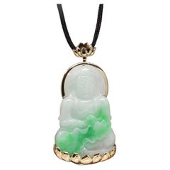 Used 14k Goddess of Compassion Genuine Burmese Jadeite Jade Guanyin Lotus Necklace