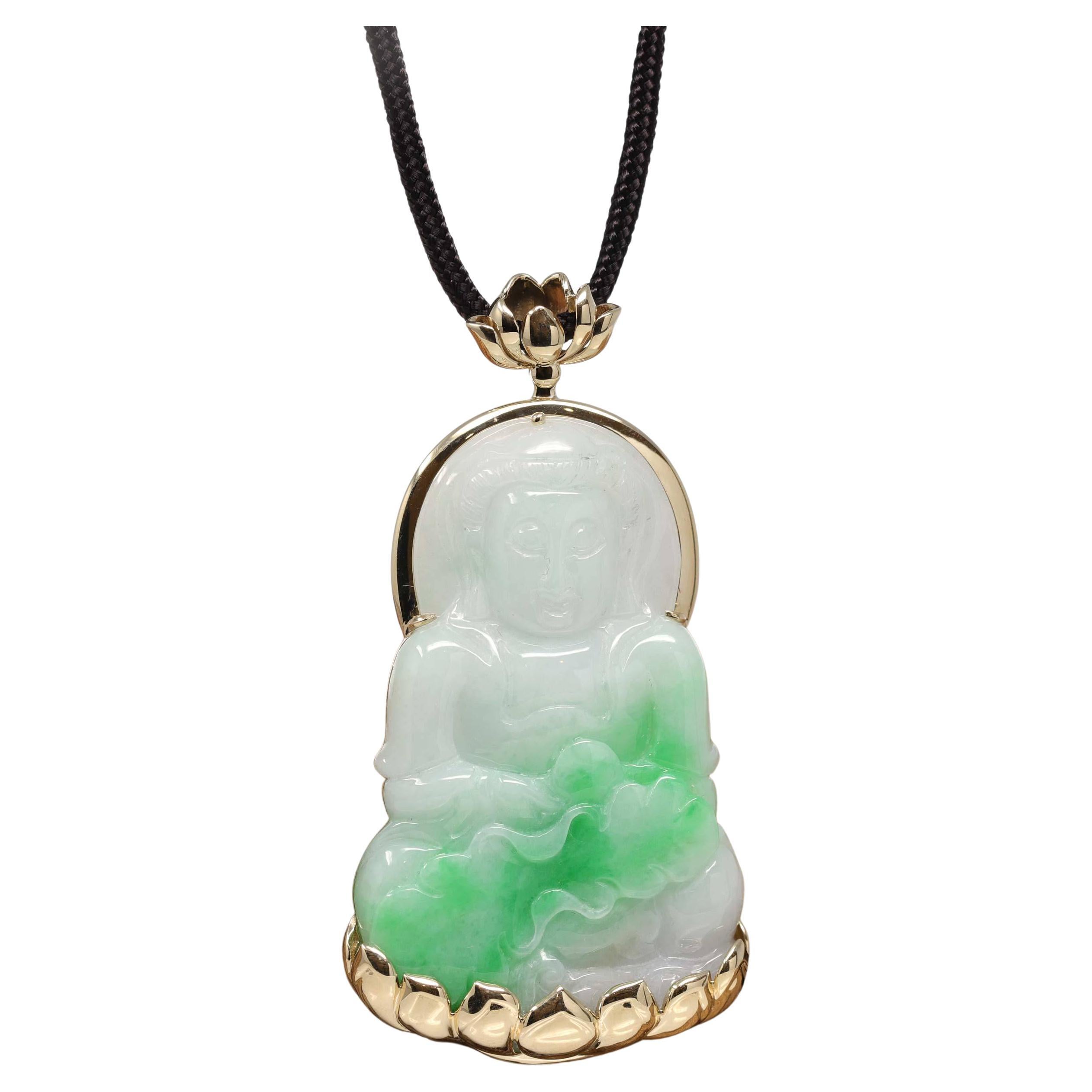 14k "Goddess of Compassion" Genuine Burmese Jadeite Jade Guanyin Lotus Necklace For Sale