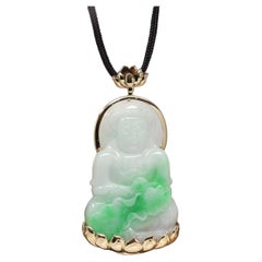Used 14k "Goddess of Compassion" Genuine Burmese Jadeite Jade Guanyin Lotus Necklace