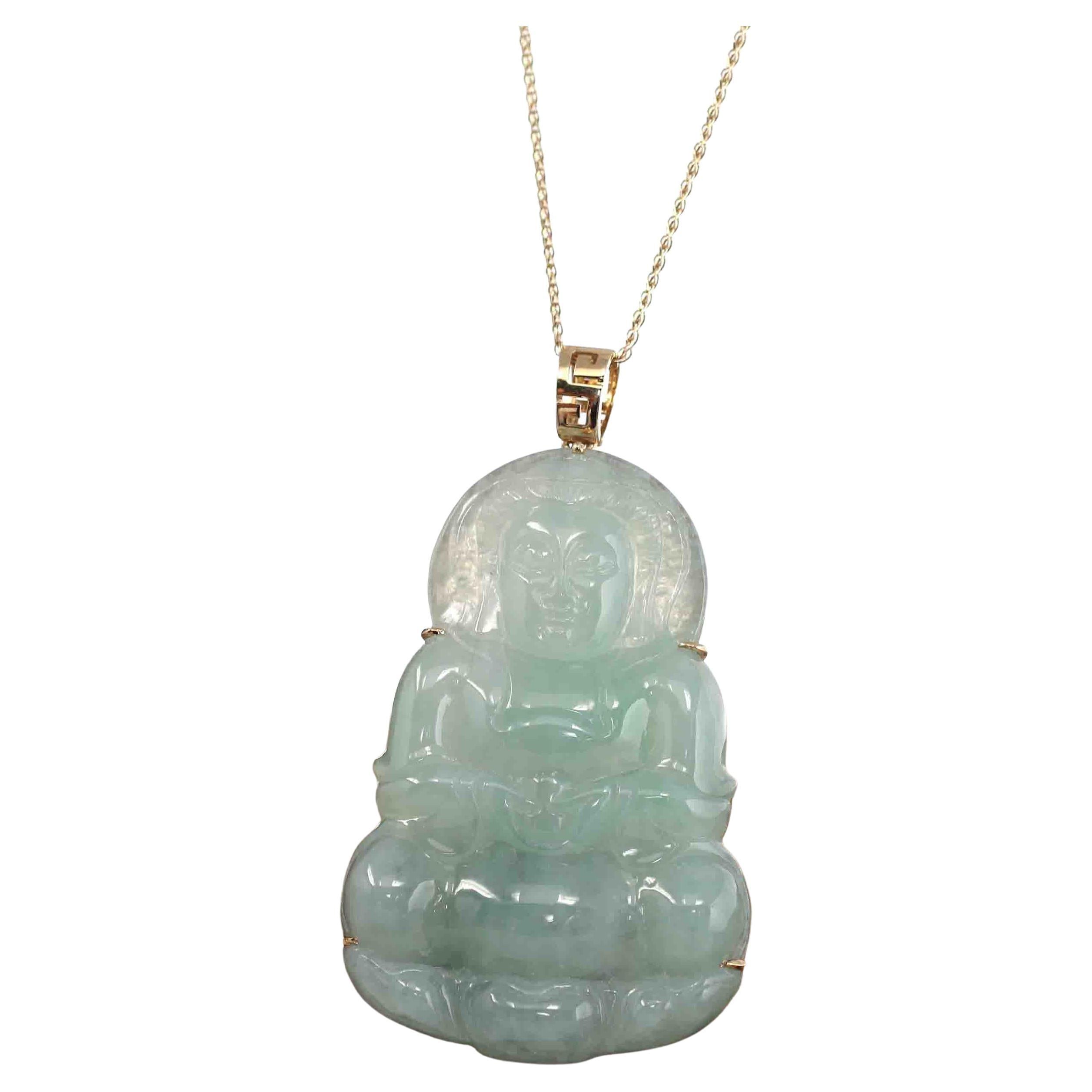 14k "Goddess of Compassion" Genuine Burmese Jadeite Jade Guanyin Necklace For Sale